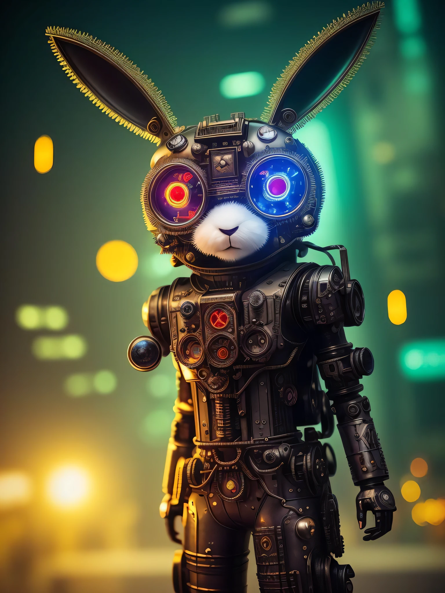 a creepy fluffy rabbit made out of metal, cyborg, cyberpunk style, clockwork, ((intricate details)), hdr, big eyes, ((intricate details, hyperdetailed)), vacuum tube or electron tube, cinematic shot, vignette, bokeh effect beckground