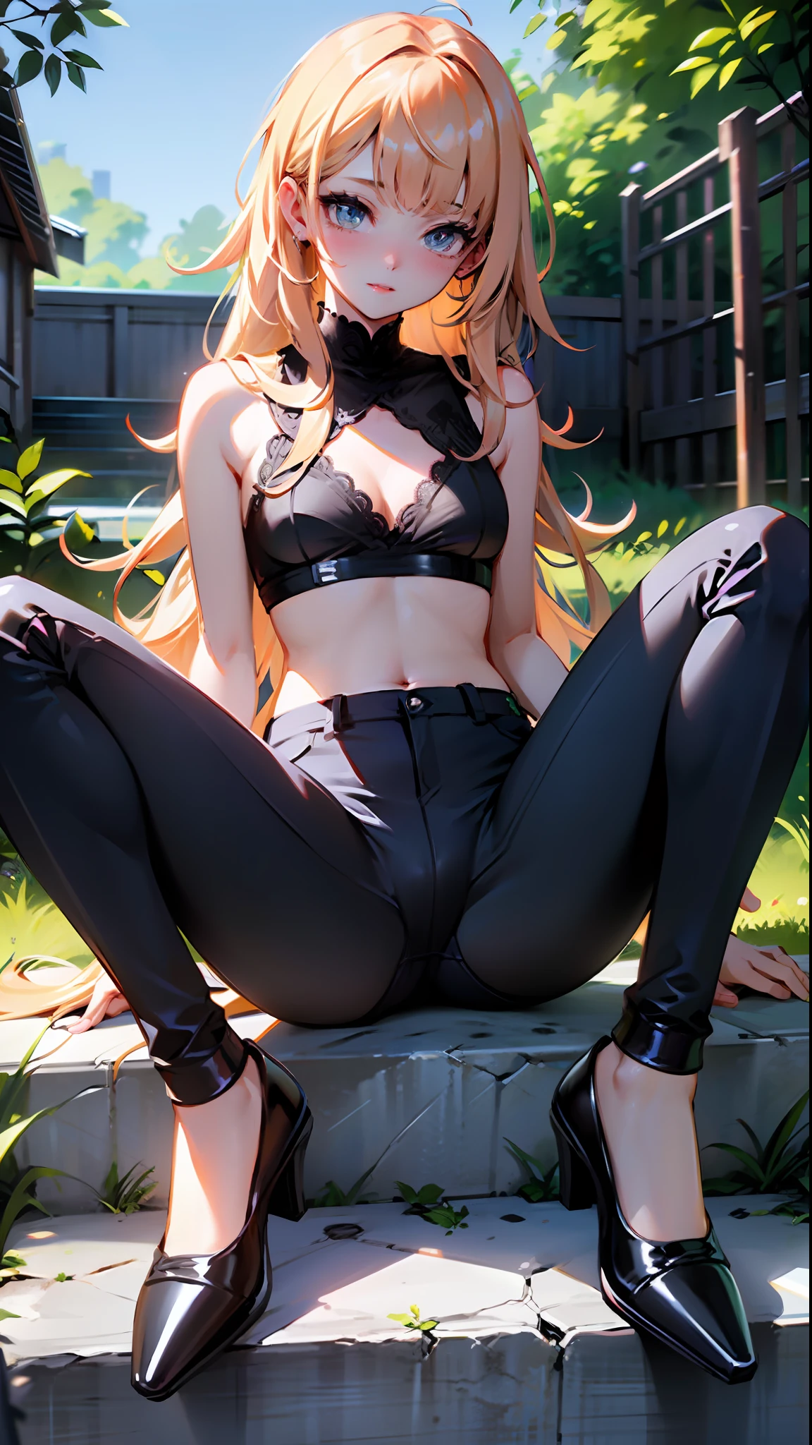 Best Quality, Masterpiece: 1.1) a shy woman long hair bangs small breasts in black lace panties half pants sitting with legs open legs wide open