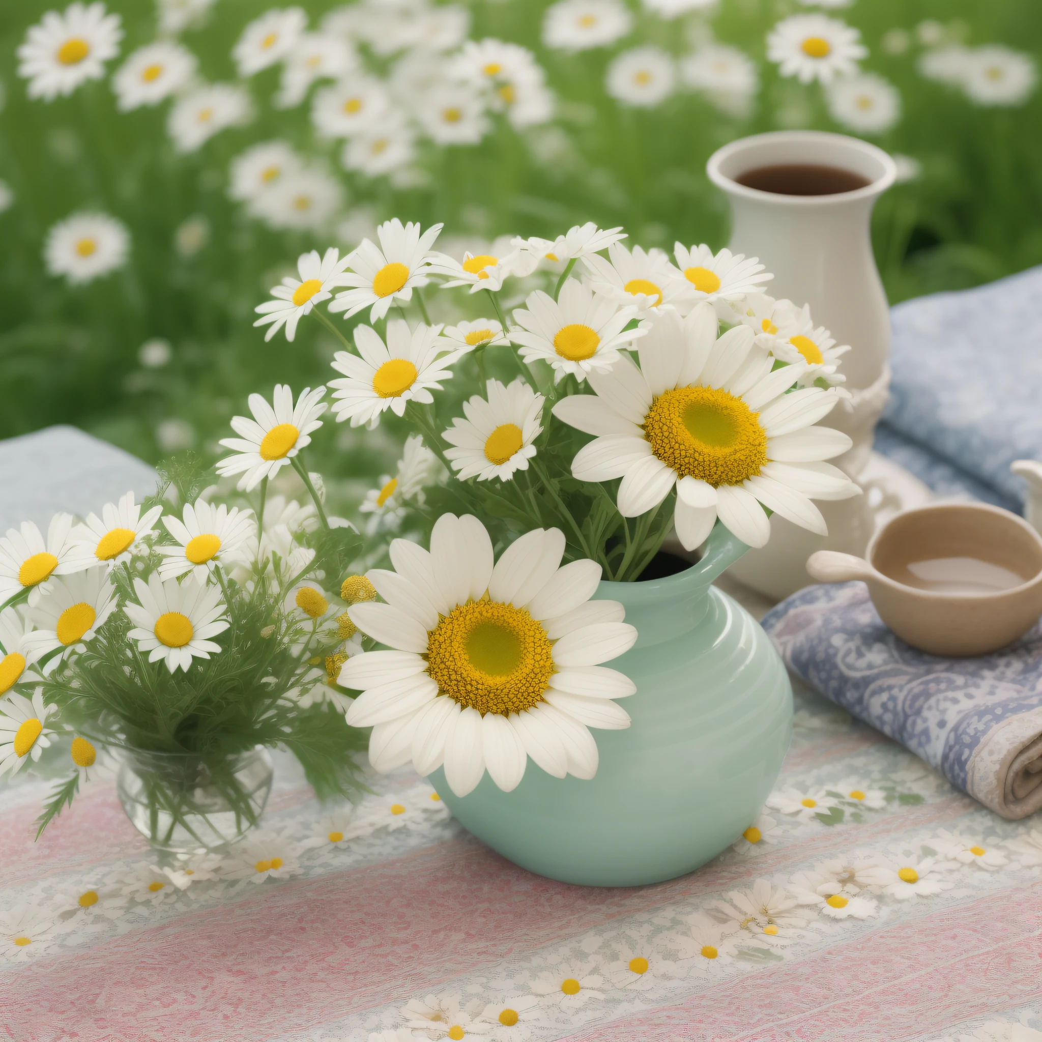 Tableclothes, canvas print, in the morning, morning time, vase with flowers, chamomile, flowers background, cheerful atmosphere, early morning mood, flowers in background, cozy cafe background, beautiful flowers, early morning, bloom and flowers in background, springtime morning, awesome greate composition, highly detailed composition, hight angle, photoreal render --auto --s2