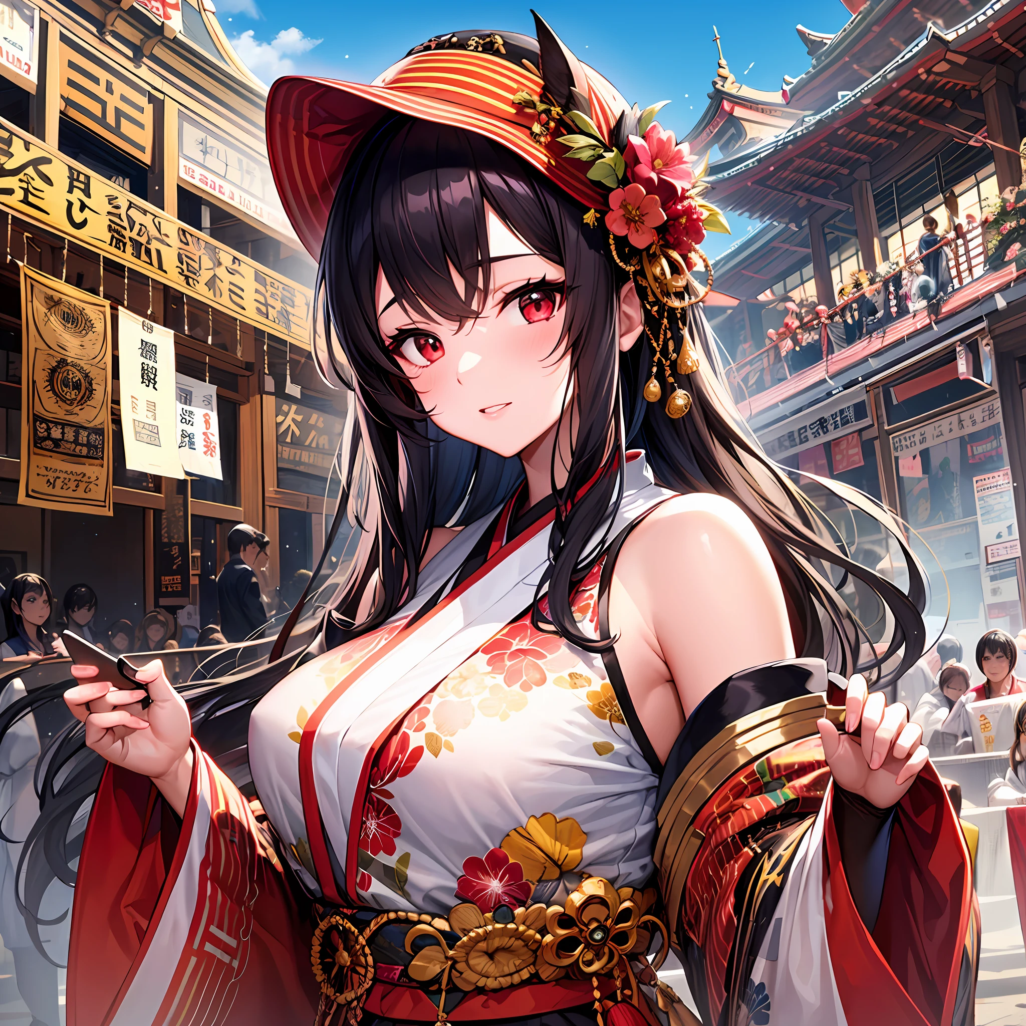 1 girl, red eyes, solo, festival, mikoshi
