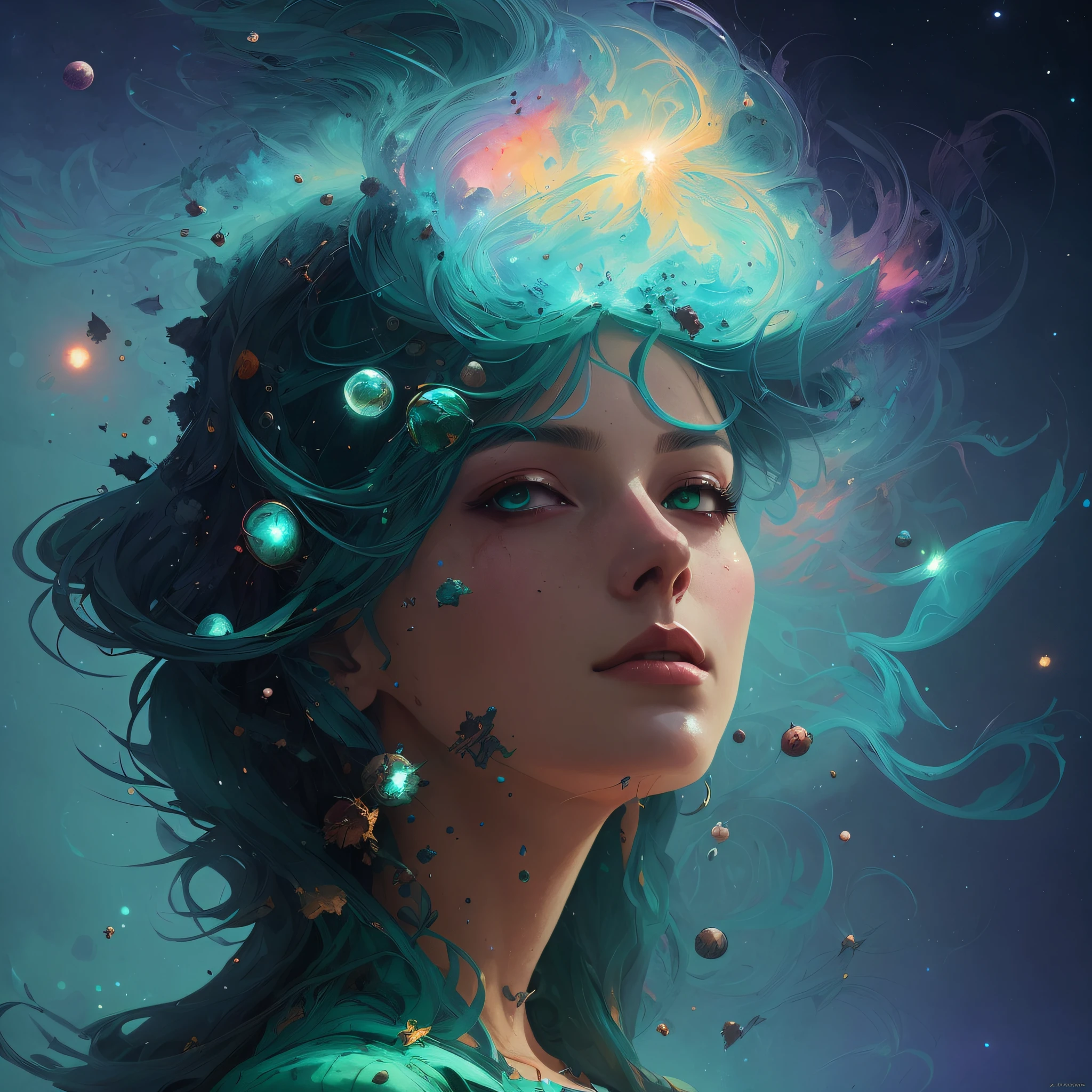 artwork by Alberto Seveso, Mystic pattern Beautiful girl long blue hair ohos emerald green in the space nebula, water paint, ink, cosmic space background, texture by Alberto Seveso, loose painting style, intricate details, cinematic lighting, octane rendering, 8K rendering, volumetric lighting, cosmos, deep outer space, professional sinister concept art, by Artgerm and Greg Rutkowski,  A complex, elegant and highly detailed digital painting, concept art, sharp soft focus, illustration, cinematography, hyper-detailed, super realistic, in the style of Simon Stalenhag, Wayne Barlowe and Igor Kieryluk