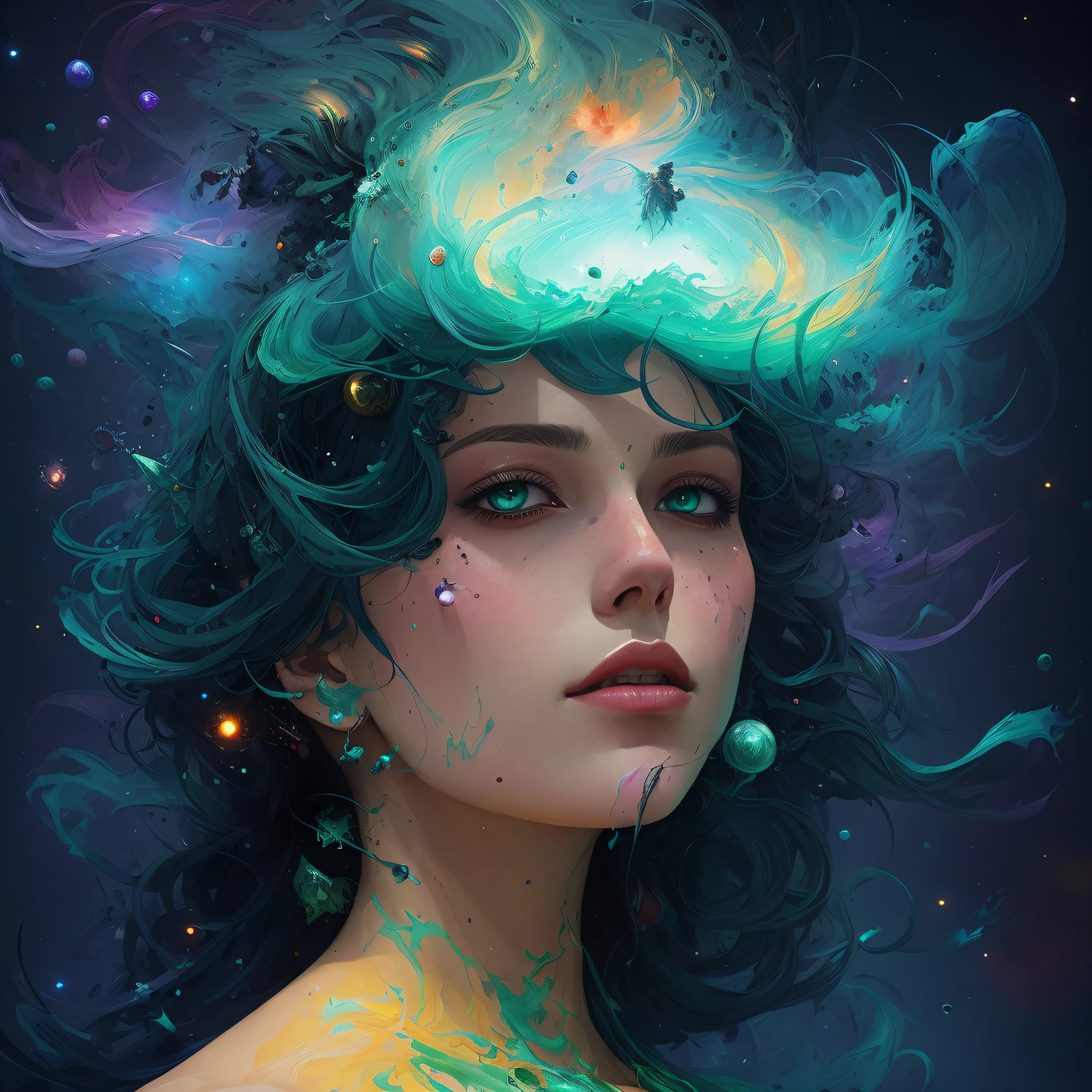 artwork by Alberto Seveso, Mystic pattern Beautiful girl long blue hair ohos emerald green in the space nebula, water paint, ink, cosmic space background, texture by Alberto Seveso, loose painting style, intricate details, cinematic lighting, octane rendering, 8K rendering, volumetric lighting, cosmos, deep outer space, professional sinister concept art, by Artgerm and Greg Rutkowski, A complex, elegant and highly detailed digital painting, concept art, sharp soft focus, illustration, cinematography, hyper-detailed, super realistic, in the style of Simon Stalenhag, Wayne Barlowe and Igor Kieryluk