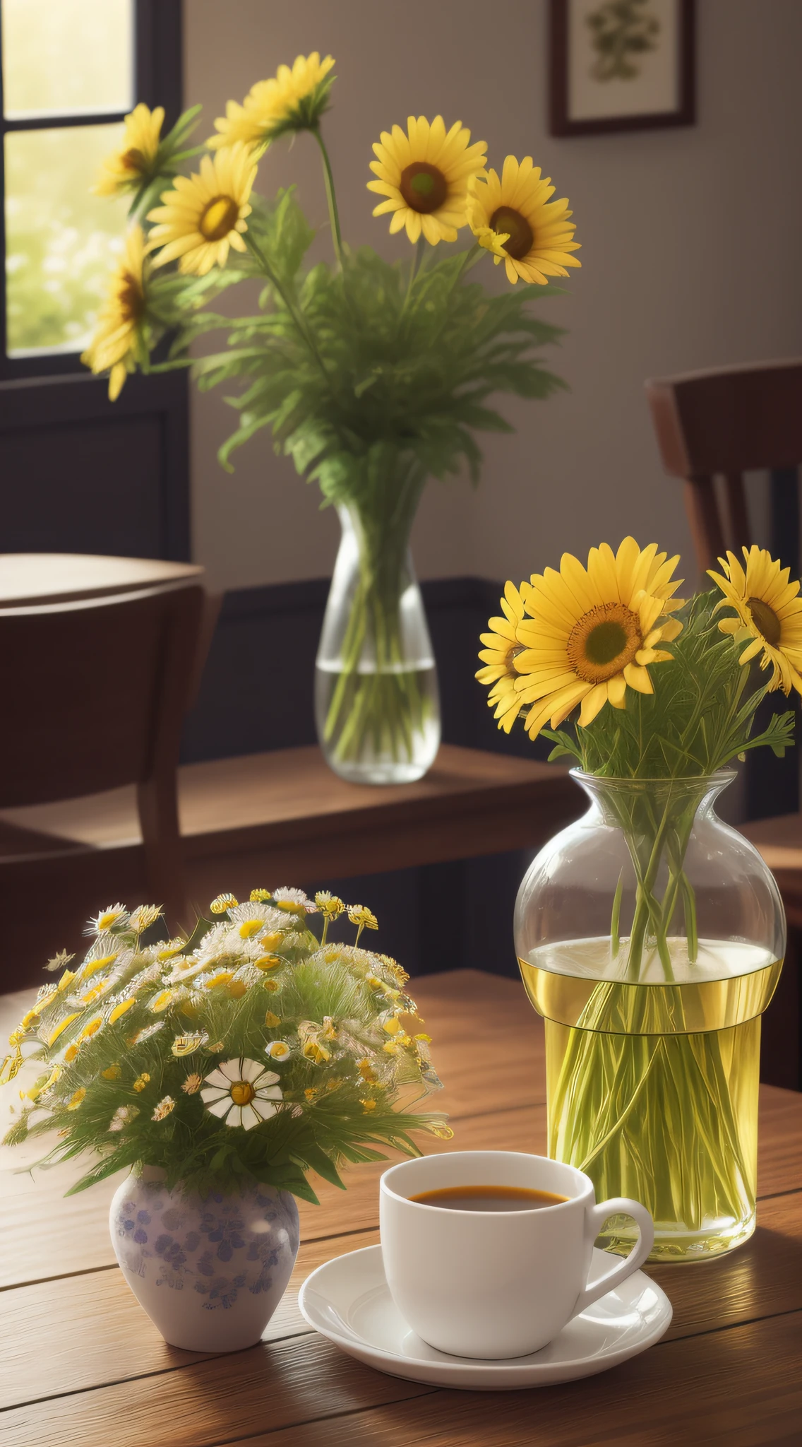 Tableclothes, canvas print, in the morning, morning time, vase with flowers, chamomile, flowers background, cheerful atmosphere, early morning mood, flowers in background, cozy cafe background, beautiful flowers, early morning, bloom and flowers in background, springtime morning, awesome greate composition, highly detailed composition, hight angle, photoreal render