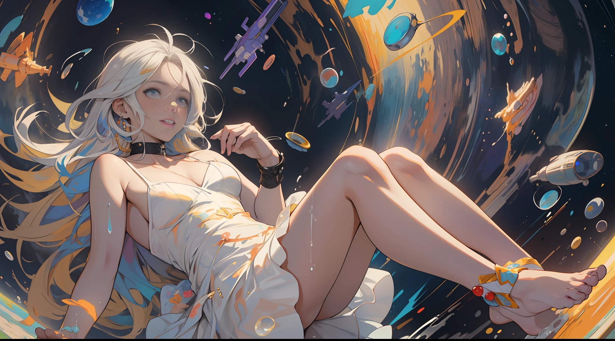 (masterpiece, best quality: 1.2), (super detailed), (illustration), wallpaper, original, 1girl, messy (((color and dynamic))) hair, spaghetti straps, white dress, bare legs, bare feet, light arm, space, earth background, low earth orbit, whole body, , (surrounded by colorful splashes and dots), colored bubbles, (bright