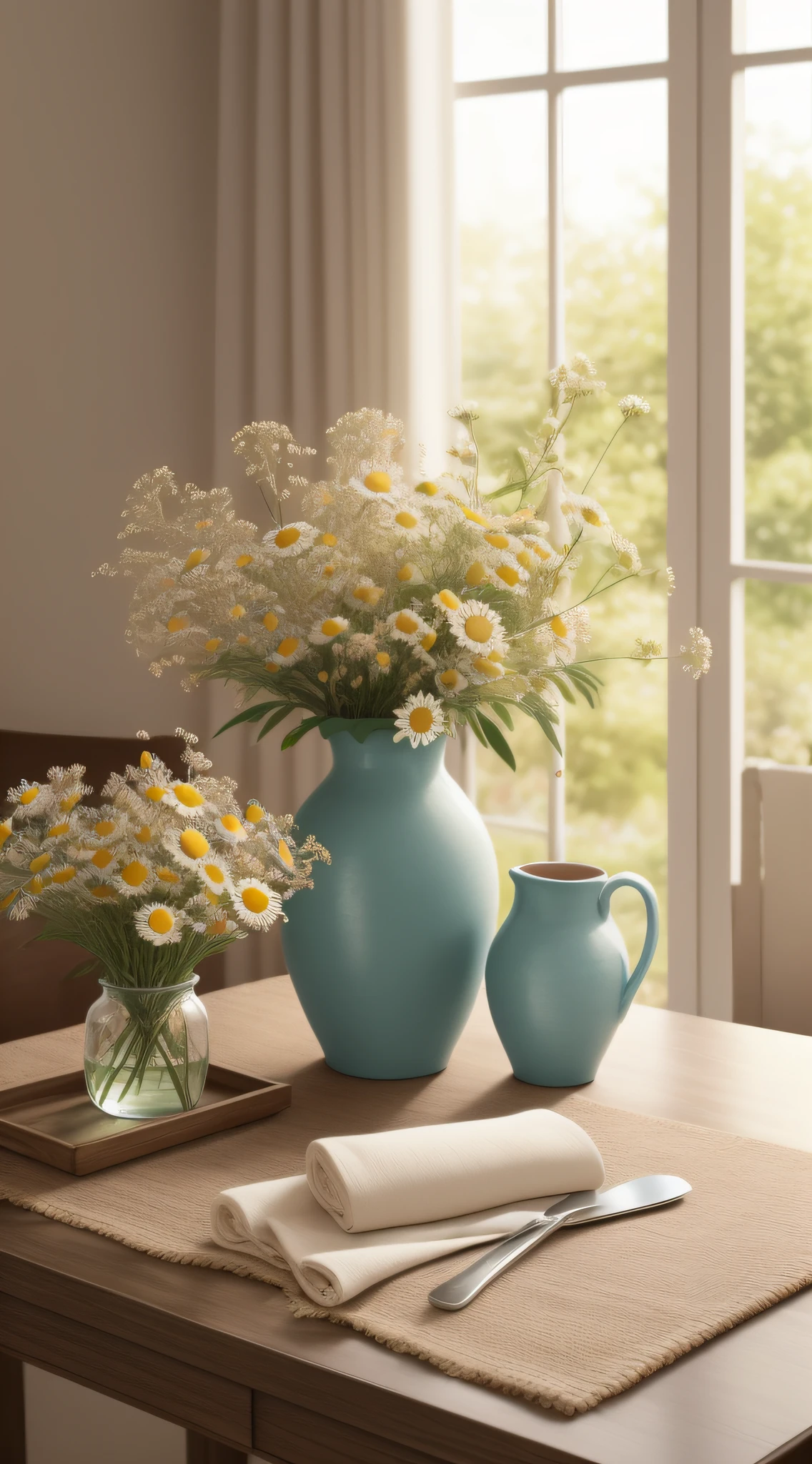 Tableclothes, canvas print, in the morning, morning time, vase with flowers, chamomile, flowers background, cheerful atmosphere, early morning mood, flowers in background, cozy cafe background, beautiful flowers, early morning, bloom and flowers in background, springtime morning, awesome greate composition, highly detailed composition, hight angle, photoreal render