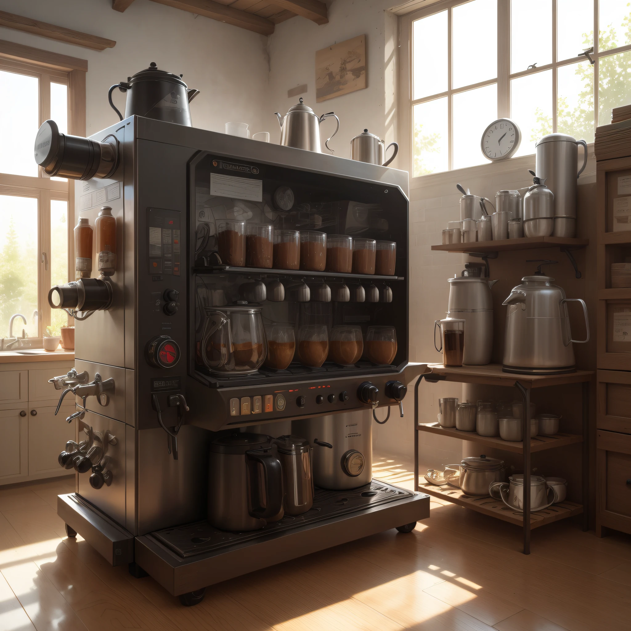 bronzepunkai, coffee machine, steampunk kitchen, sun rays window --auto