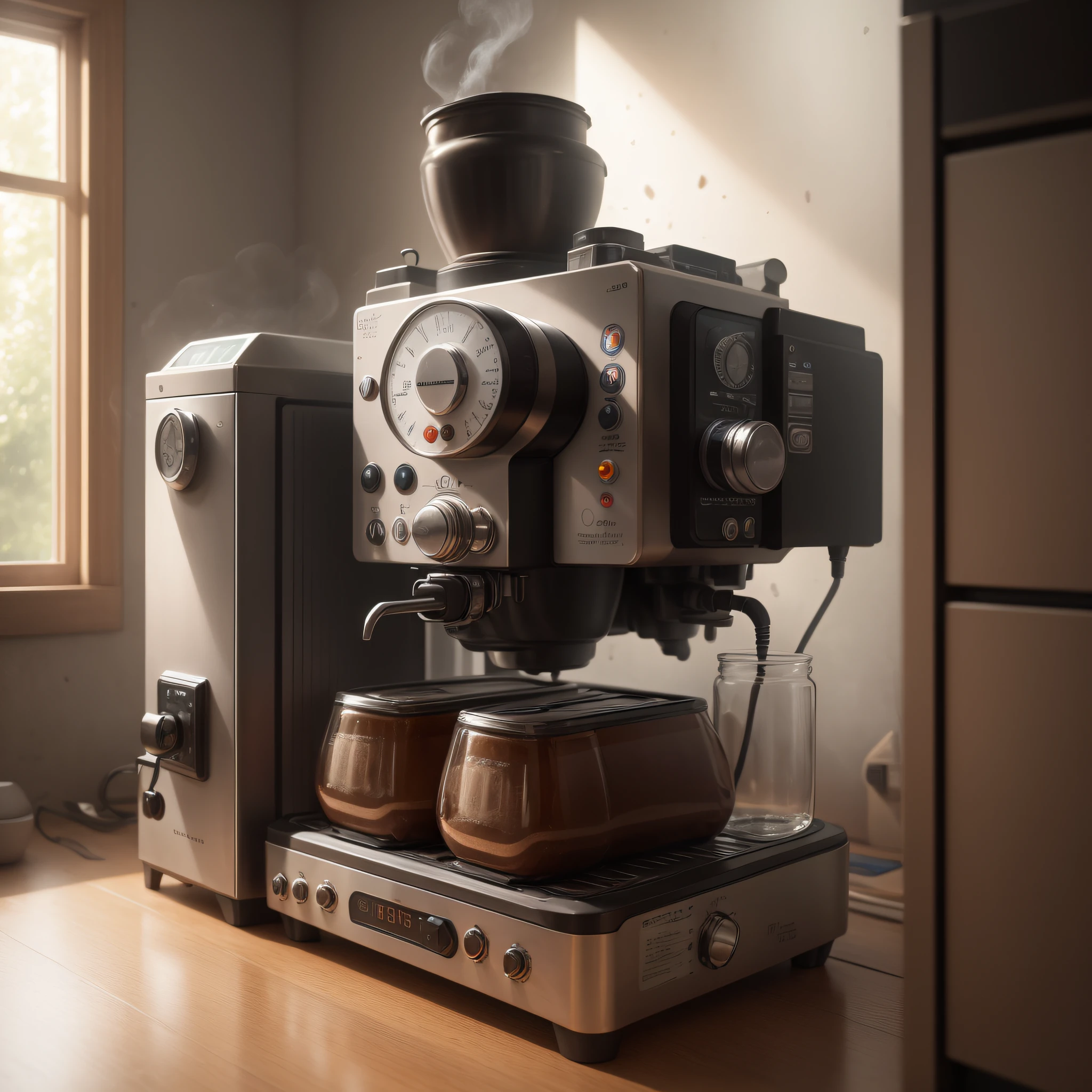 bronzepunkai, coffee machine, steampunk kitchen, sun rays window --auto