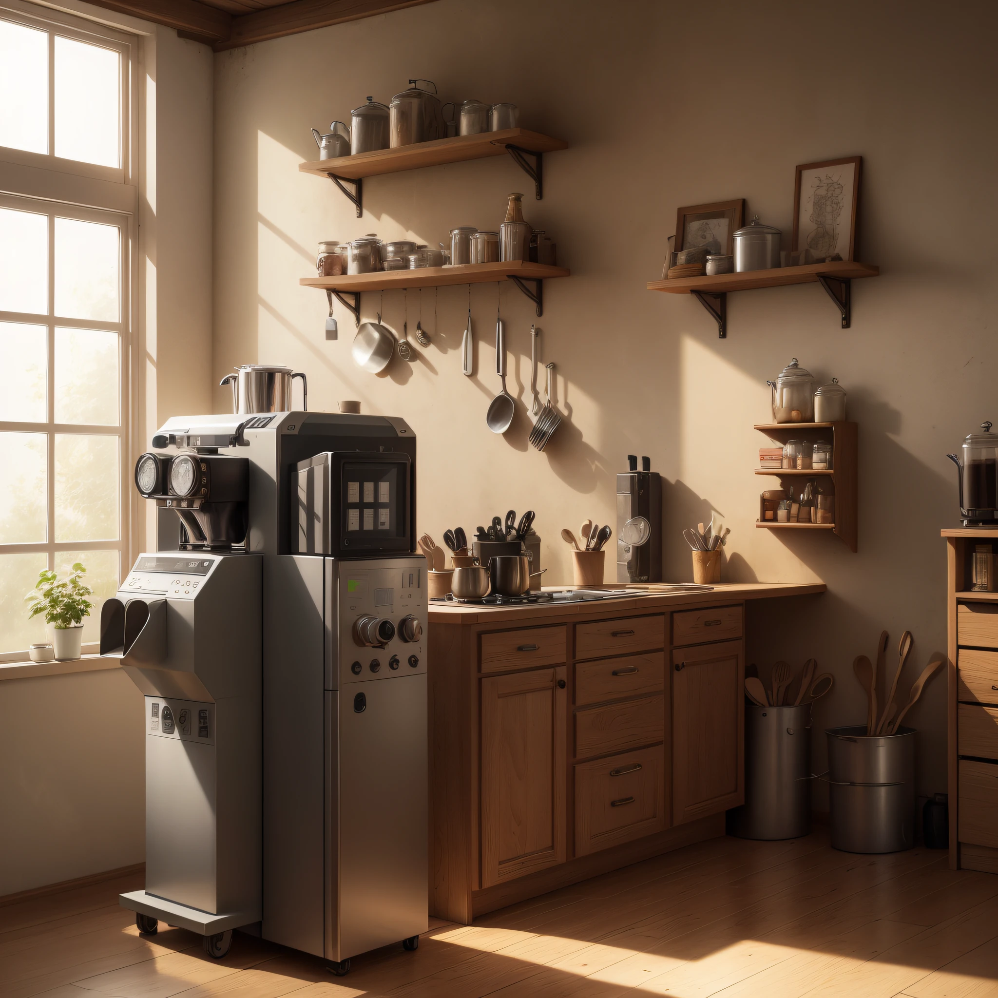 bronzepunkai, coffee machine, steampunk kitchen, sun rays window --auto