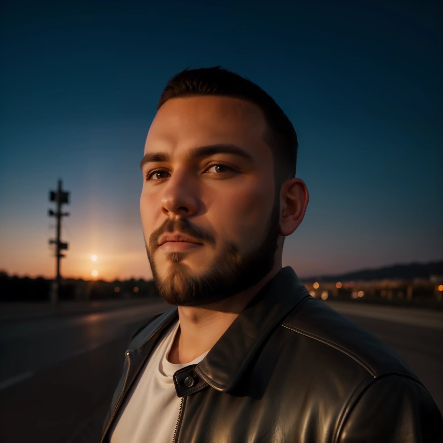 Professional portrait of a handsome man, perfect skin, with a leather jacket, harmonious face, stylish, serious, beautiful beard, on the road, sunset light, cinematic lighting