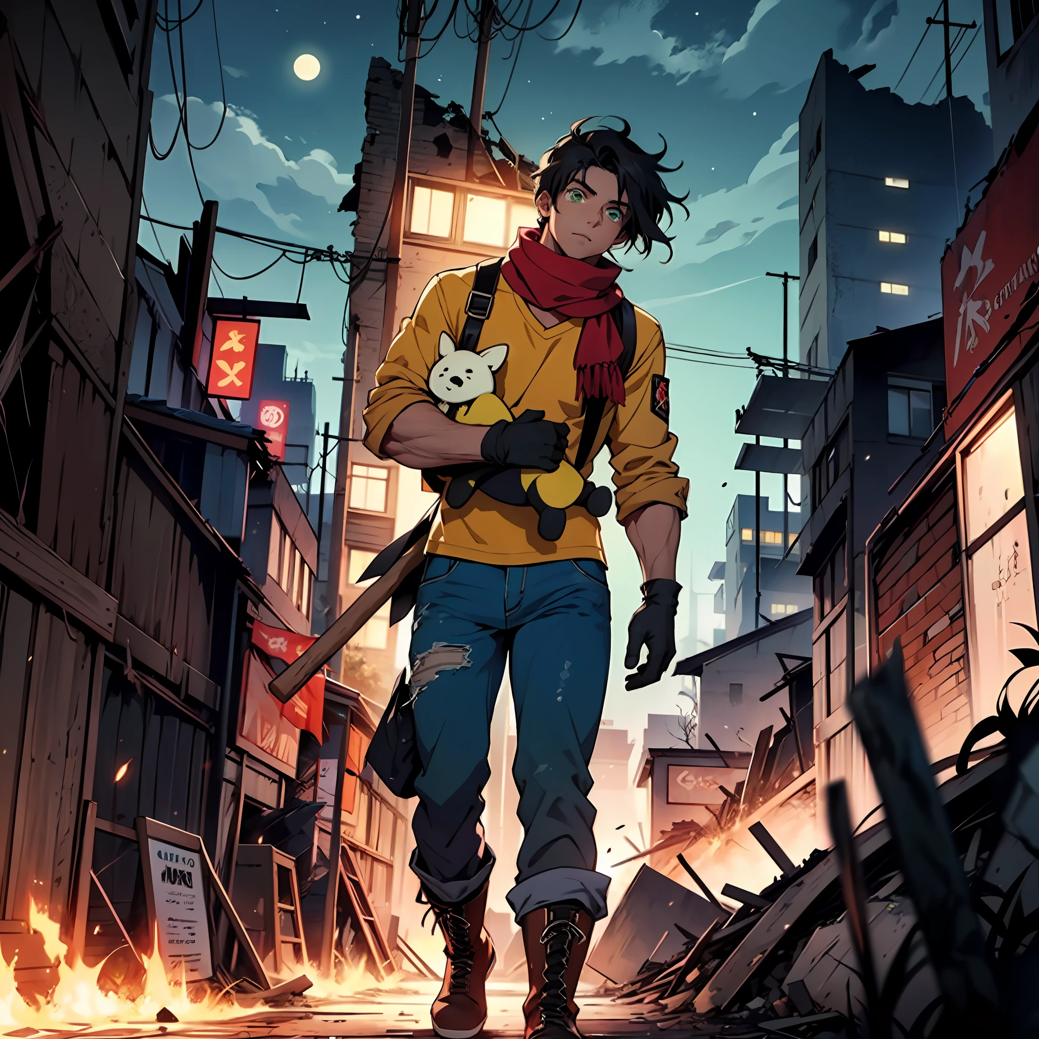 A boy, tall, black hair, abundant disheveled hair, brown skin, green eyes, a scar on his left eye, blue pants, high black boots, red scarf, yellow shirt, high black gloves, young, carrying an axe, apocalyptic background, Ruins, destroyed city, night, anime, 2d, cartoon, comic --maturemalemix