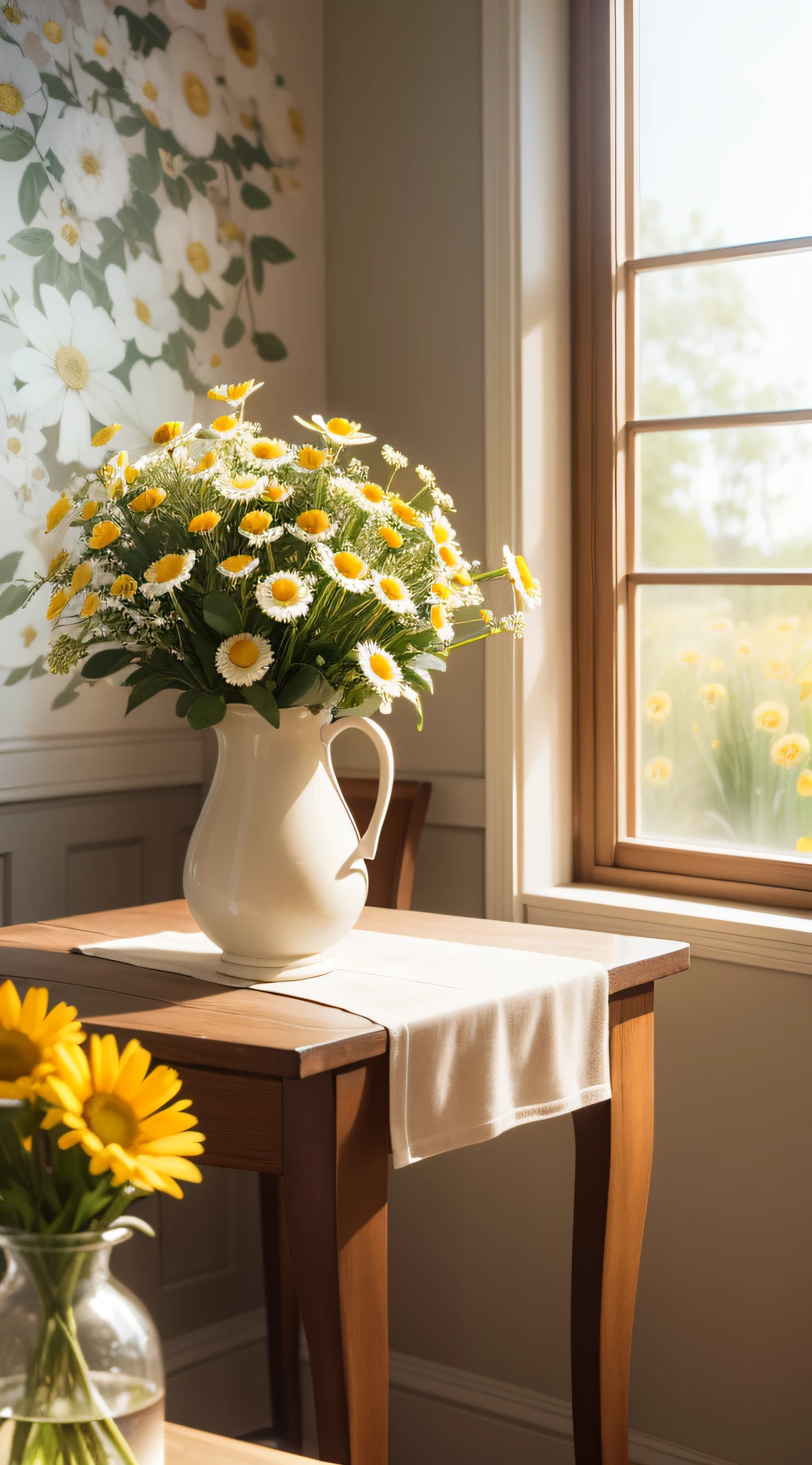 Tableclothes view, boroque classical vase, in the morning, morning time, vase with flowers, chamomile, flowers background, cheerful atmosphere, early morning mood, flowers in background, cozy cafe background, beautiful flowers, early morning, bloom and flowers in background, springtime morning, awesome greate composition, highly detailed composition, hight angle, photoreal render