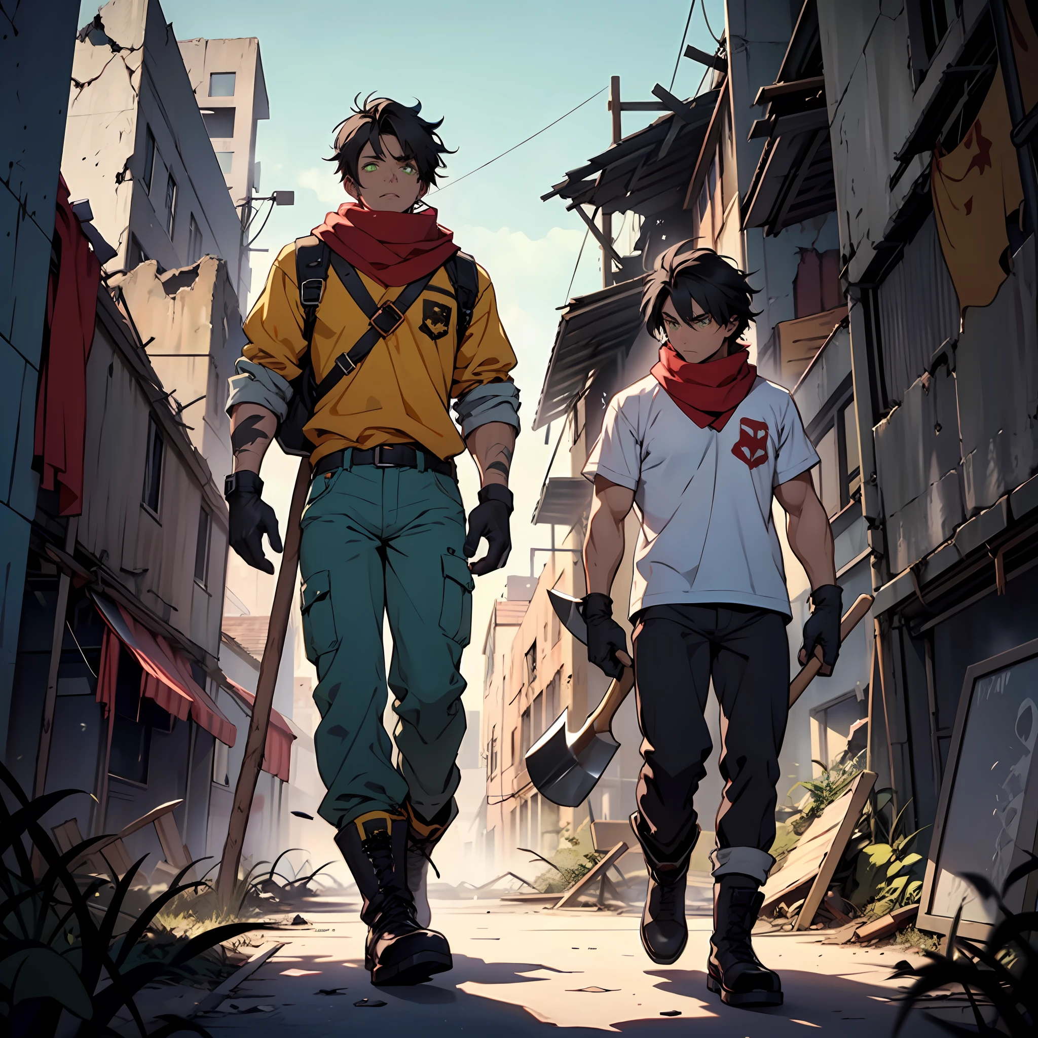 A boy, tall, black hair, abundant disheveled hair, brown skin, green eyes, a scar on his left eye, blue pants, high black boots, red scarf, yellow shirt, high black gloves, young, carrying an axe, apocalyptic background, Ruins, destroyed city, night, anime, 2d, cartoon, comic --maturemalemix