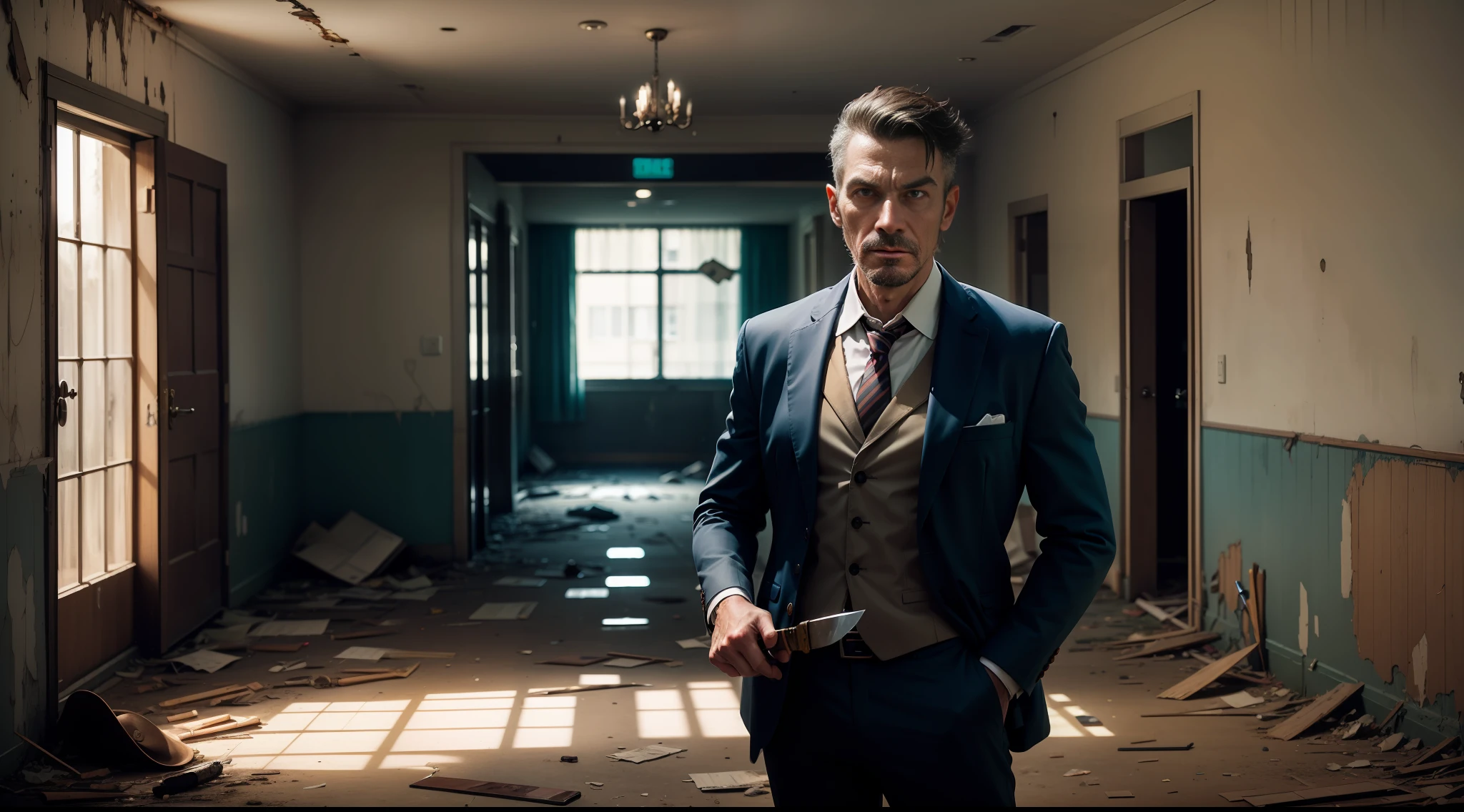 Scathing man inside an abandoned hotel with a sly face and terrible assuatador expression standing with a knife in his hand