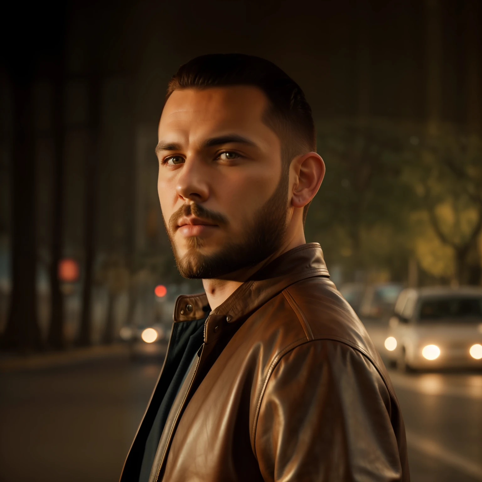 Professional portrait of a handsome man, perfect skin, with a leather jacket, harmonious face, stylish, serious, beautiful beard, on the road, sunset light, cinematic lighting