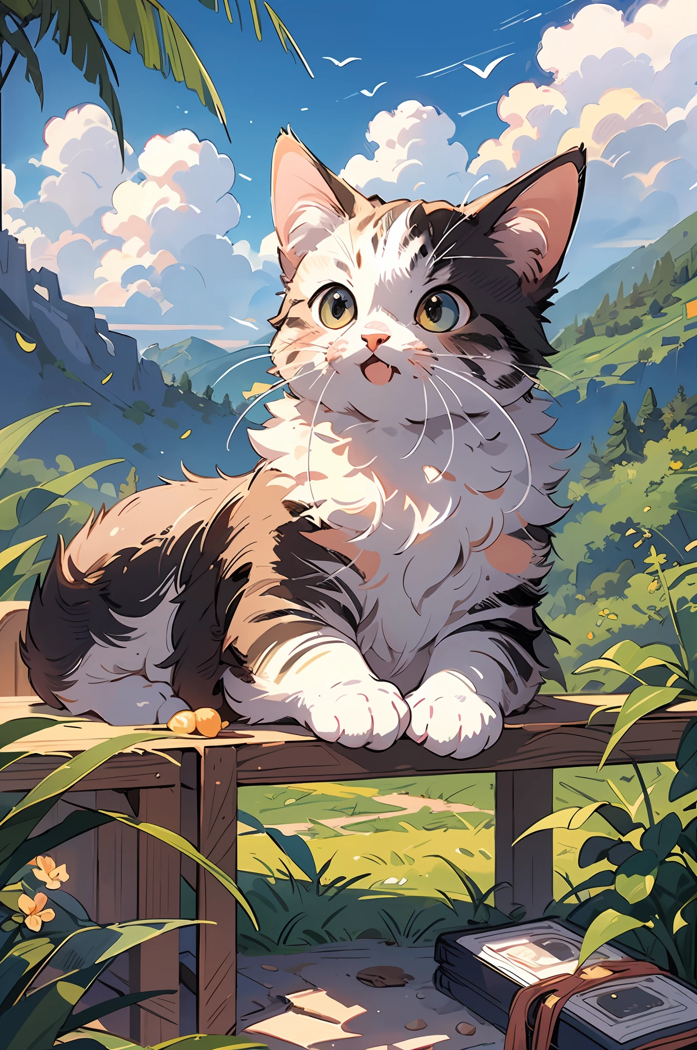 masterpiece, best quality, watercolor style, illustration, cute cat, fat, facing forward, sitting on table, sky background, mountain, tree, flower,looking here,