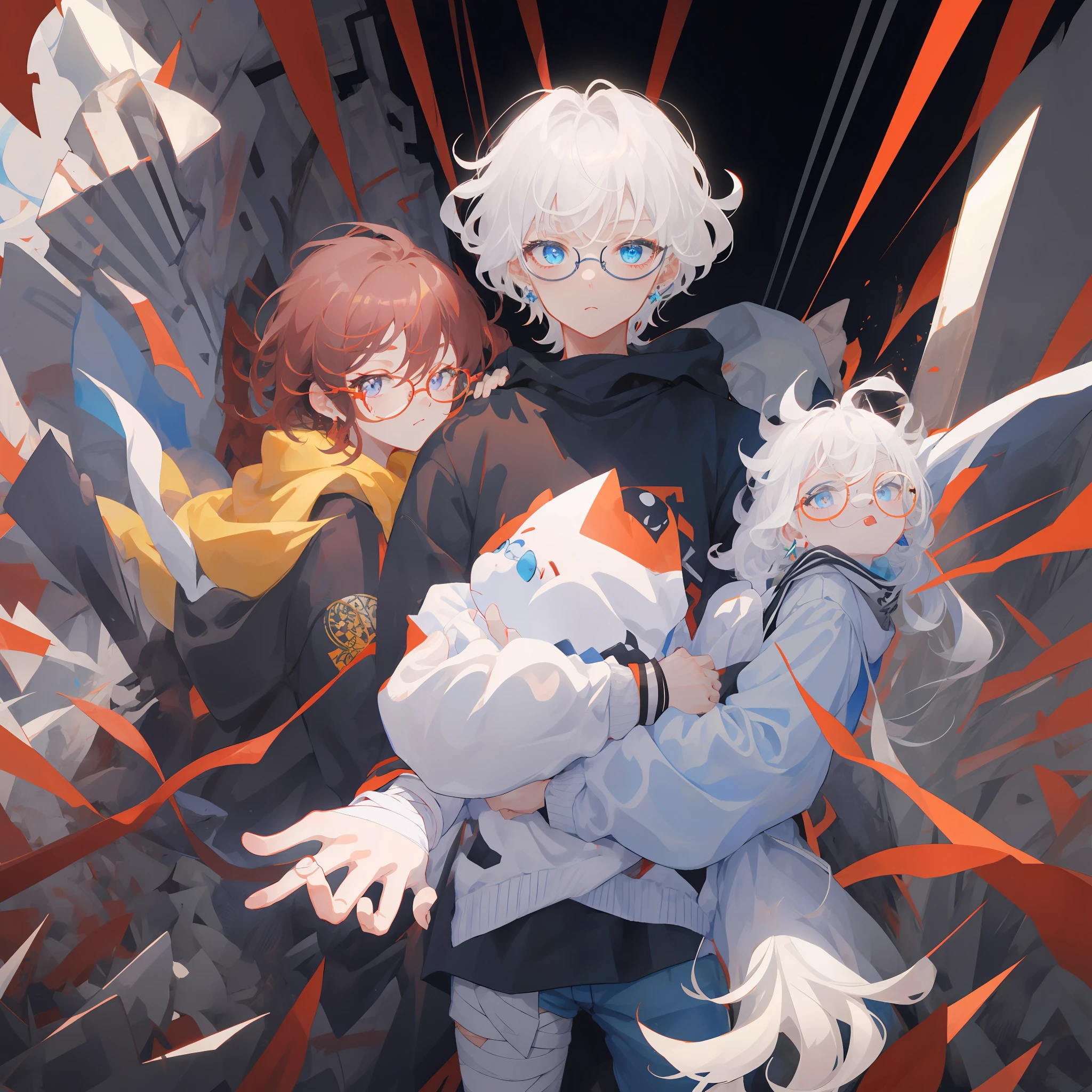 Boy, anime, white hair, wavy hair, short hair, black sweatshirt, black earrings, black round glasses, face bandages