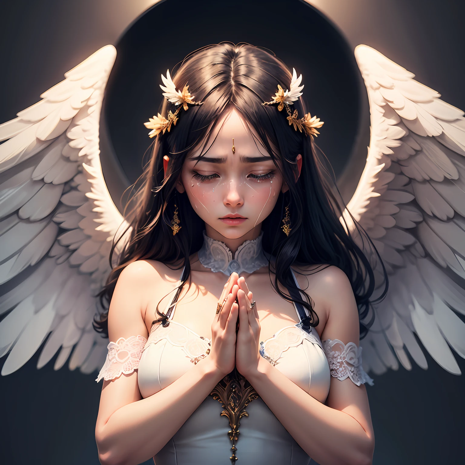 angel praying, ultra high definition, stylish beautiful girl, divine, 8K, shining figure, shedding large tears, circle of angels, sad, advent