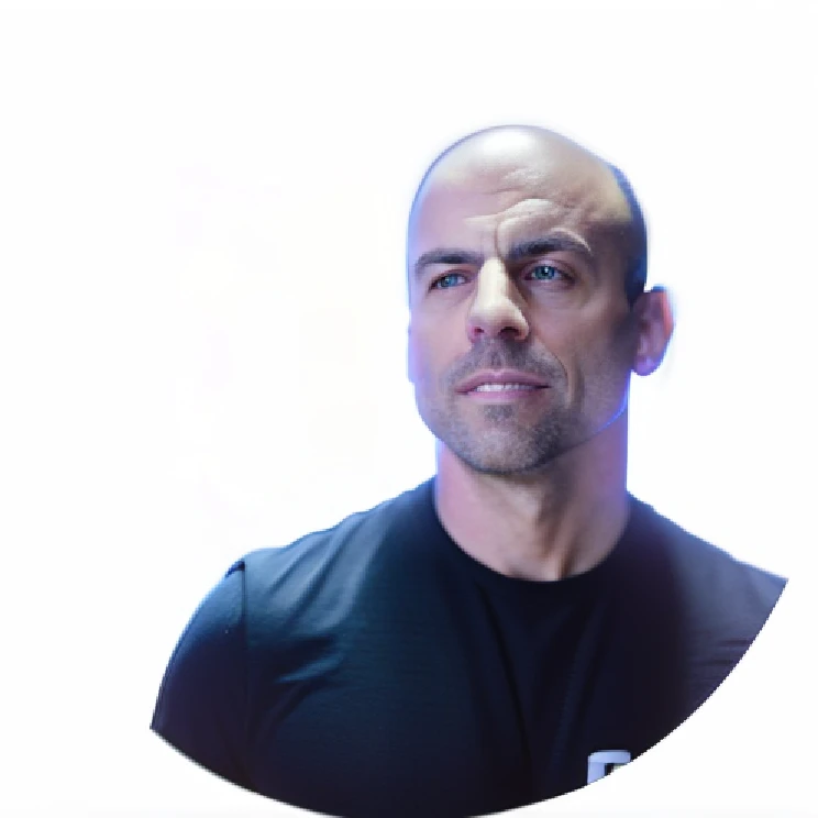 a warrior with shining swords, Joe Rogan, headshot profile picture, Twitch emote, in front of a black background, half-body headshot, with a black background, spotlight in the middle of the face, George Doutsiopoulos, very low quality image, highly detailed VFX portrait, Emanuele Dascanio, Aykut Aydogdu