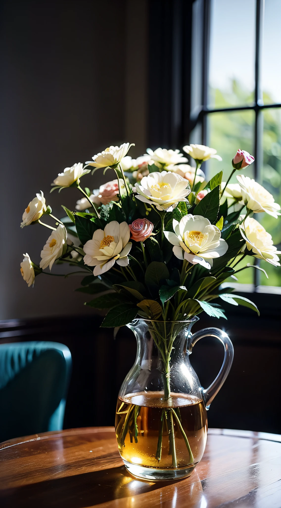 Tableclothes view, boroque classical vase, in the morning, morning time, vase with amazing varied flowers, flowers background, cheerful atmosphere, early morning mood, flowers in background, cozy cafe background, beautiful flowers, early morning, bloom and flowers in background, springtime morning, awesome greate composition, highly detailed composition, hight angle, photoreal render
