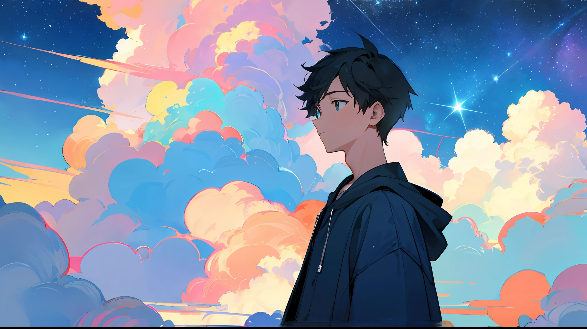 Anime boy sitting on the roof closeup, tear, at night, Makoto Shinkai Cyril Rolando, lo-fi art style, hiding in the rooftops, Atey Ghailan 8K, lofi art, lofi feeling, in the style of Makoto Shinkai, loFi, Cyril Rolando and Goro Fujita, in the style of Atey Ghailan