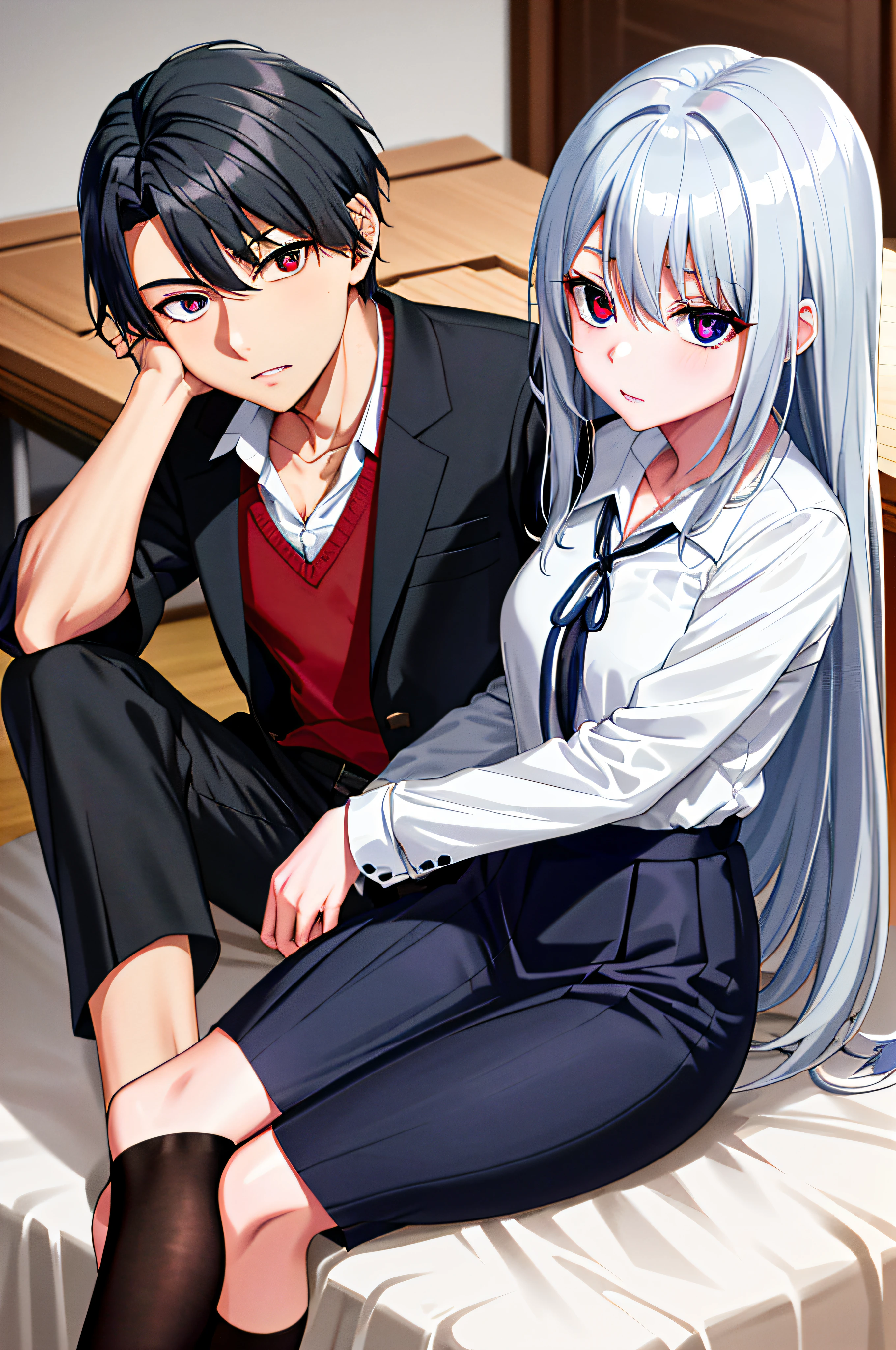 (masterpiece), (best quality), highres, ((((1girl she has gray hair with blue eyes and 1boy he has short black hair with red eyes who are classmates))))), ((((They have different hair colors and eyes do not confuse)))), (draws Kei and kiyotaka ayanokoji looking at each other), (2schoolmates who are Kei and kiyotaka ayanokoji looking at each other),  (kei1), (1girl), solo, ((((she has blue eyes)))), (she has long hair), (she wears a school uniform), (she has ribbon), (she has bangs), collarbone, she has gray hair, she has black hair band, she has neck ribbon, hair between her eyes, she has medium breasts, cowboy shot, she is looking seriously at kiyotaka ayanokoji,  anatomically correct whole body, is inside a school room, is sitting on a bed with her legs together, full detached scenary, (1boy), (kiyotaka ayanokoji), 15-year-old teenager, school uniform white shirt black jacket open jacket red tie long black pants sitting, ((((he has red eyes)))), ((he has short black hair)), anatomically correct whole body,  he has a jesus necklace around his neck, normal legs, wears black shoes, (he's looking at Kei1 or the girl), he's sitting in a chair, he's facing Kei, (full detail escenario)