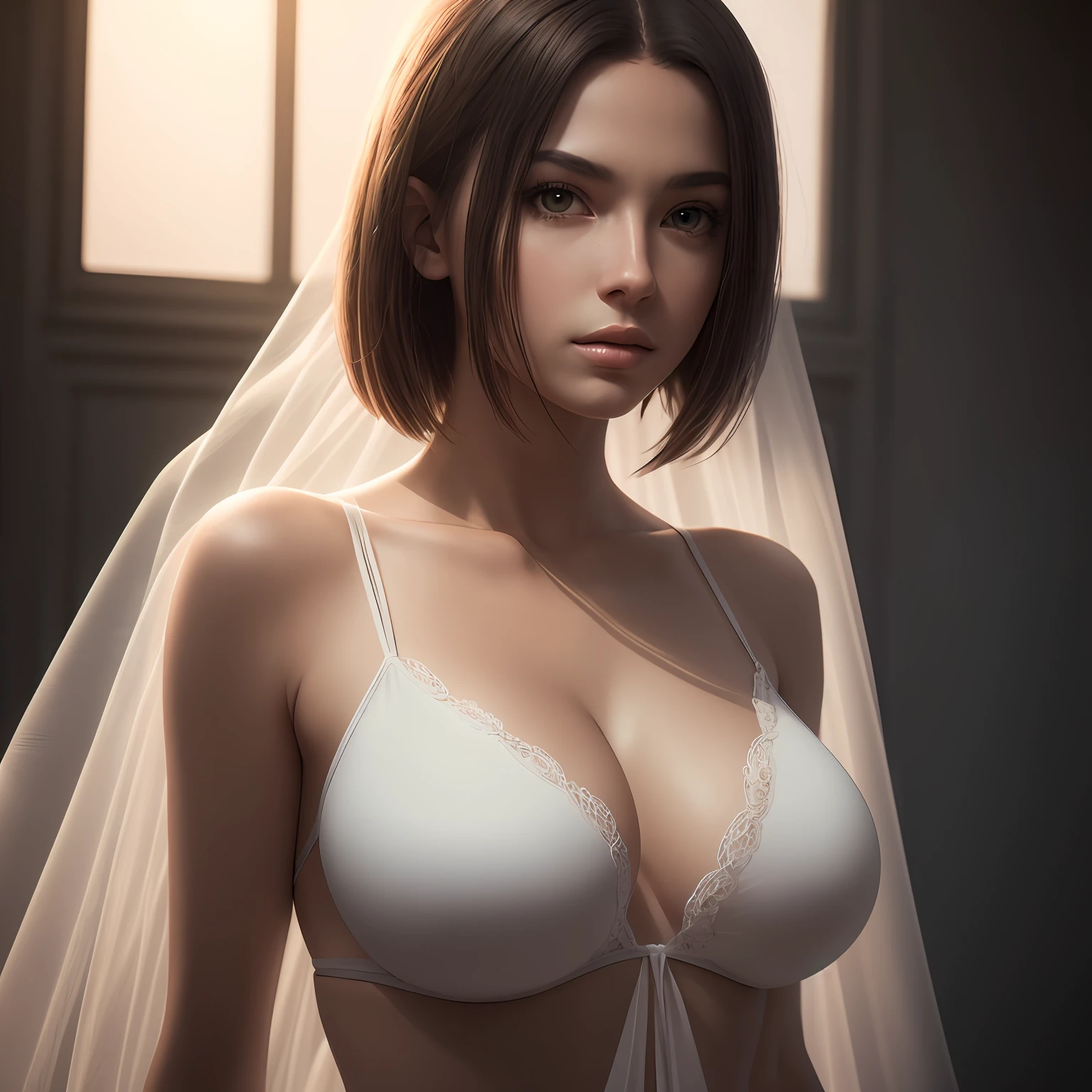 As a Yael Shelbia, realistic photography, photorealistic, realism, contrast, photography, masterpiece, Final fantasy's Like, ethereal beauty, ethereal, ultra realistic, porcelain, Best quality, human anatomy, real hair, short hair, Asymmetrical Cut Hair, moving hair, huge breasts, human anatomy, posing for photo, translucent, (ethereal, Dream), formidable, 8k wallpaper, Realistic Textures Dramatic Lighting, Trending at Art Station Cinestill 800 --auto