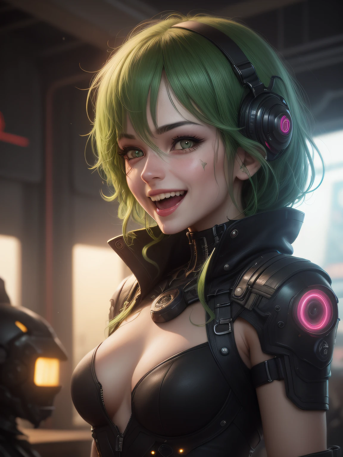 ((ultra detailed CG, 8k)), 1woman, (beautiful, perfect), green hair, yellow eyes, with a scar on her right eye, in the futuristic setting, laughing to the audience, (cyberpunk style lighting), (fine details), (hyper detailed). --auto
