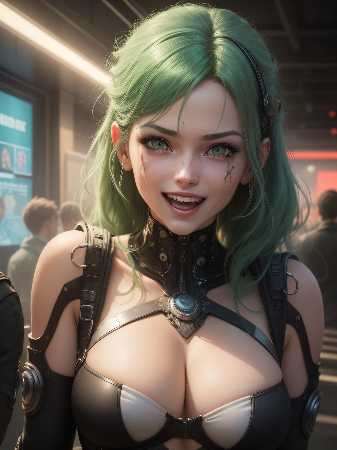 ((ultra detailed CG, 8k)), 1woman, (beautiful, perfect), green hair, yellow eyes, with a scar on her right eye, in the futuristic setting, laughing to the audience, (cyberpunk style lighting), (fine details), (hyper detailed). --auto