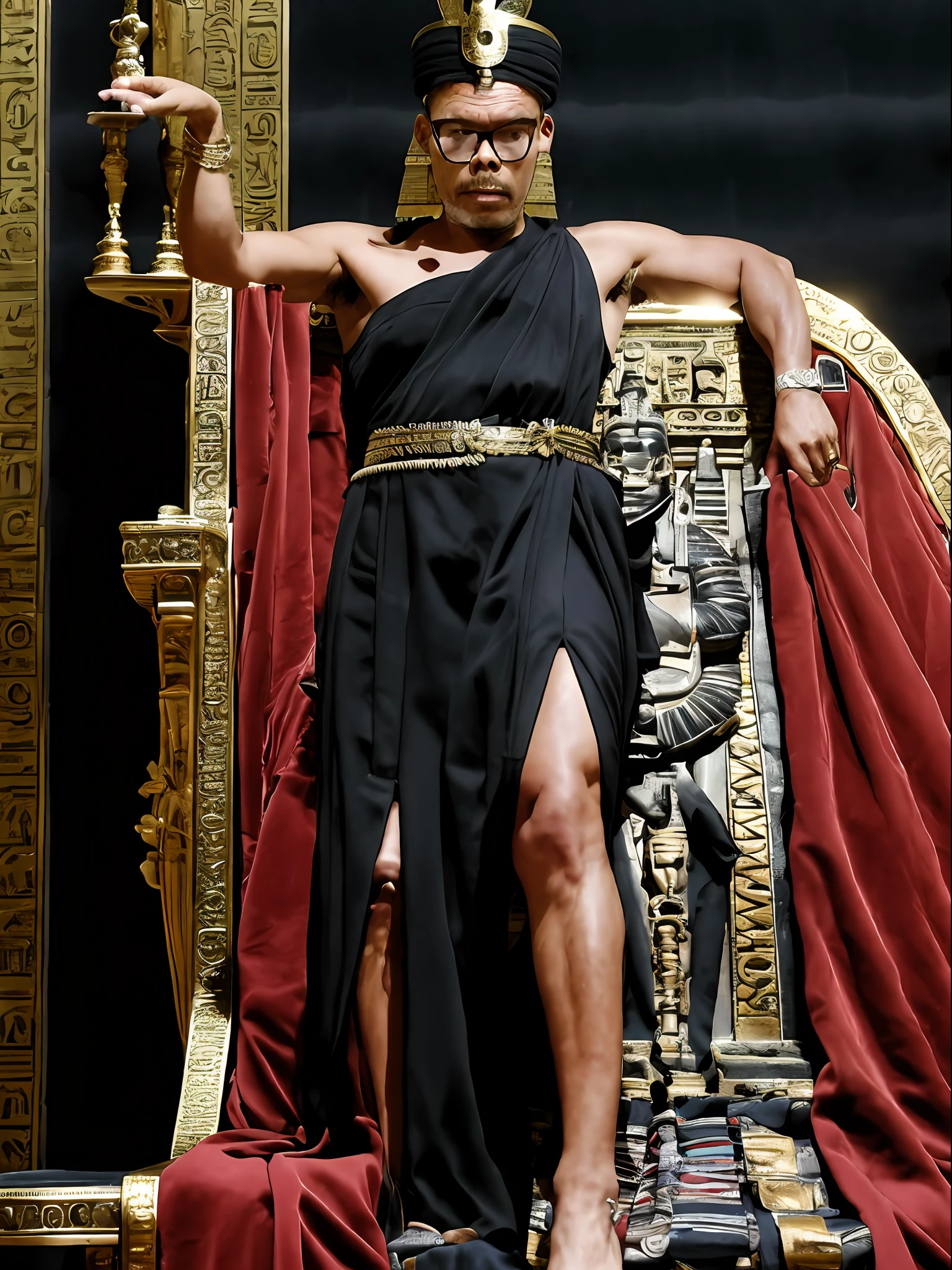 guttonerdvision5, full body of a 45-year-old man wearing glasses, detailed, skin, pores, ((sharp and detailed face)), (((detailed hands and arms))), wearing Egyptian king clothing, in an Egyptian throne room setting, intricate details, with great depth of field. The scene is realistic and the lighting is cinematic, uhd, photo award-winning