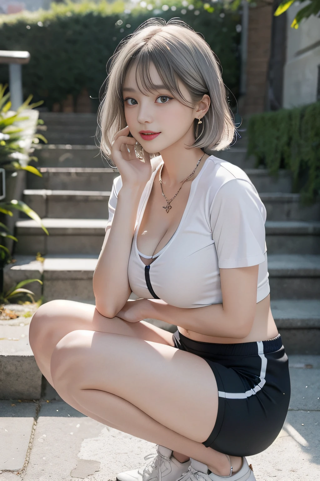 Best quality, RAW photos, super high resolution, taken from the side, gentle smile,  Korean, very big breasts, cleavage, fair skin, shiny white skin, short bob, bright silver hair, neatly matched bangs, cropped T-shirt, training clothes, running shorts, beautiful eyes, beautiful eyes of random colors, very thin lips, beautiful eyes with details, elongated eyes, pale pink blush, long eyelashes, beautiful double eyelids, eyeshadow, beautiful thin legs, beautiful legs, beautiful navel, beautiful abs, beautiful ribs, beautiful constriction, beautiful hip line, earrings, necklace, big park, big stairs in park, sitting on stairs, squatting