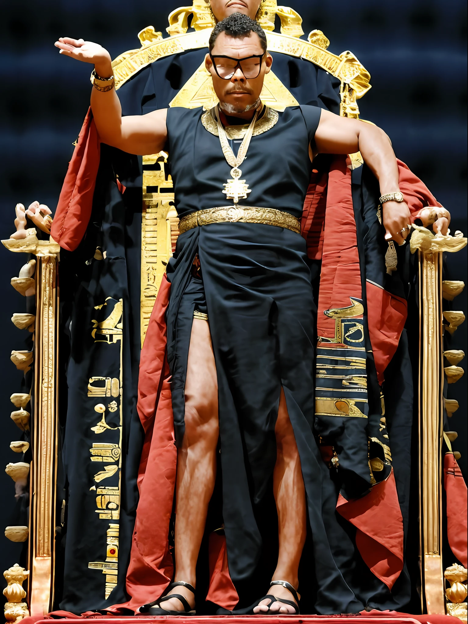 guttonerdvision5, full body of a 45-year-old man wearing glasses, detailed, skin, pores, ((sharp and detailed face)), (((detailed hands and arms))), wearing Egyptian king clothing, in an Egyptian throne room setting, intricate details, with great depth of field. The scene is realistic and the lighting is cinematic, uhd, photo award-winning