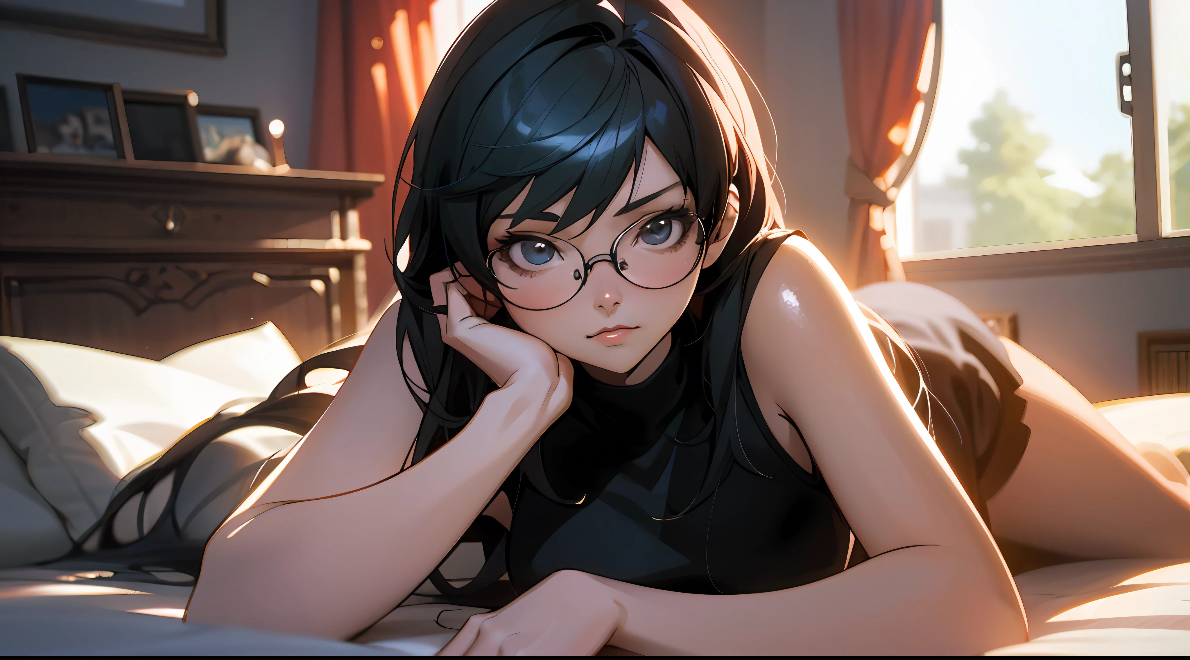 anime girl laying on bed with glasses on her face, seductive anime girl, photorealistic anime girl render, smooth anime cg art, artwork in the style of guweiz, detailed digital anime art, realistic anime 3d style, digital anime art, 8k high quality detailed art, extremely detailed artgerm, anime. soft lighting, anime style 4k