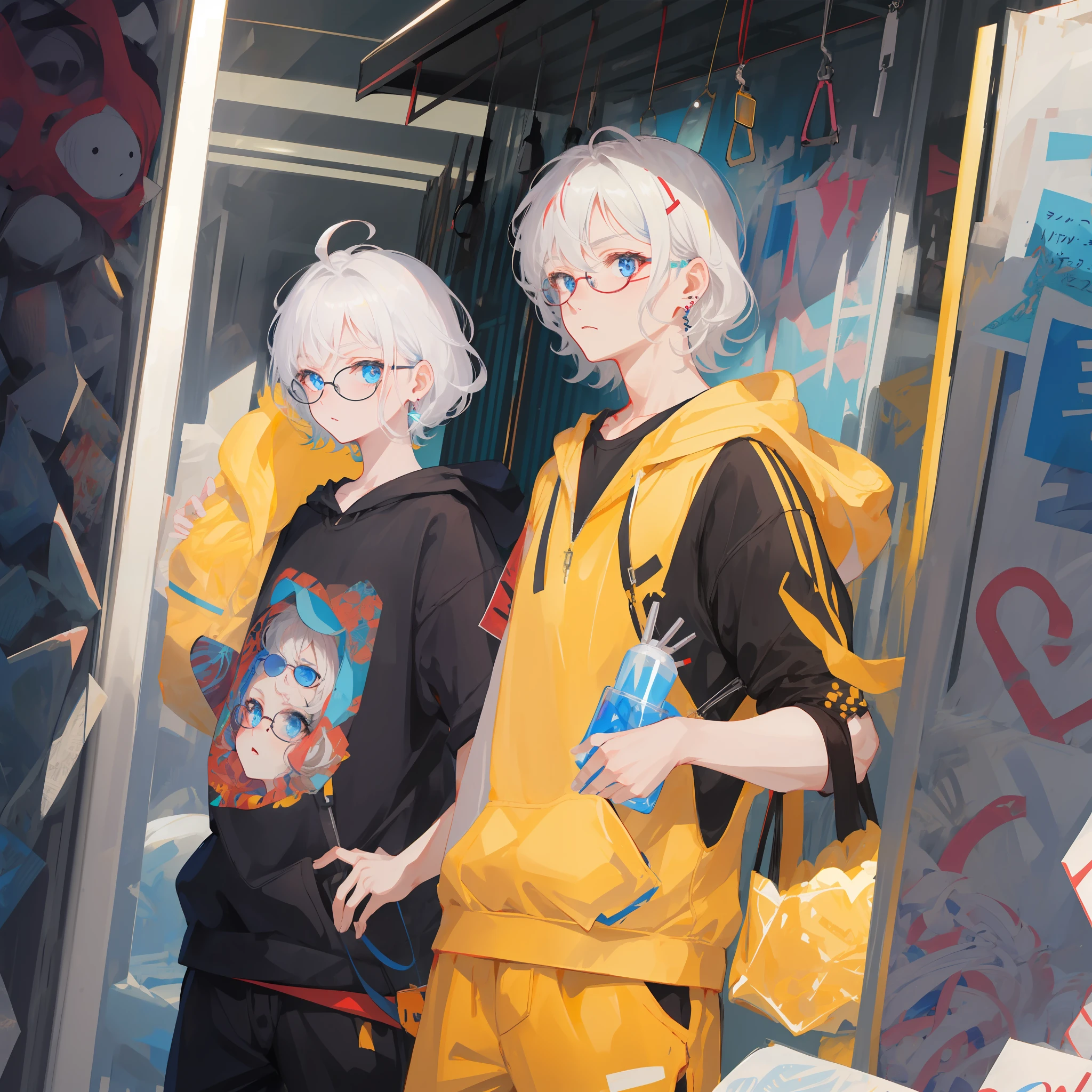 Boy, anime, white hair, wavy hair, short hair, black sweatshirt, black earrings, black round glasses, face photo