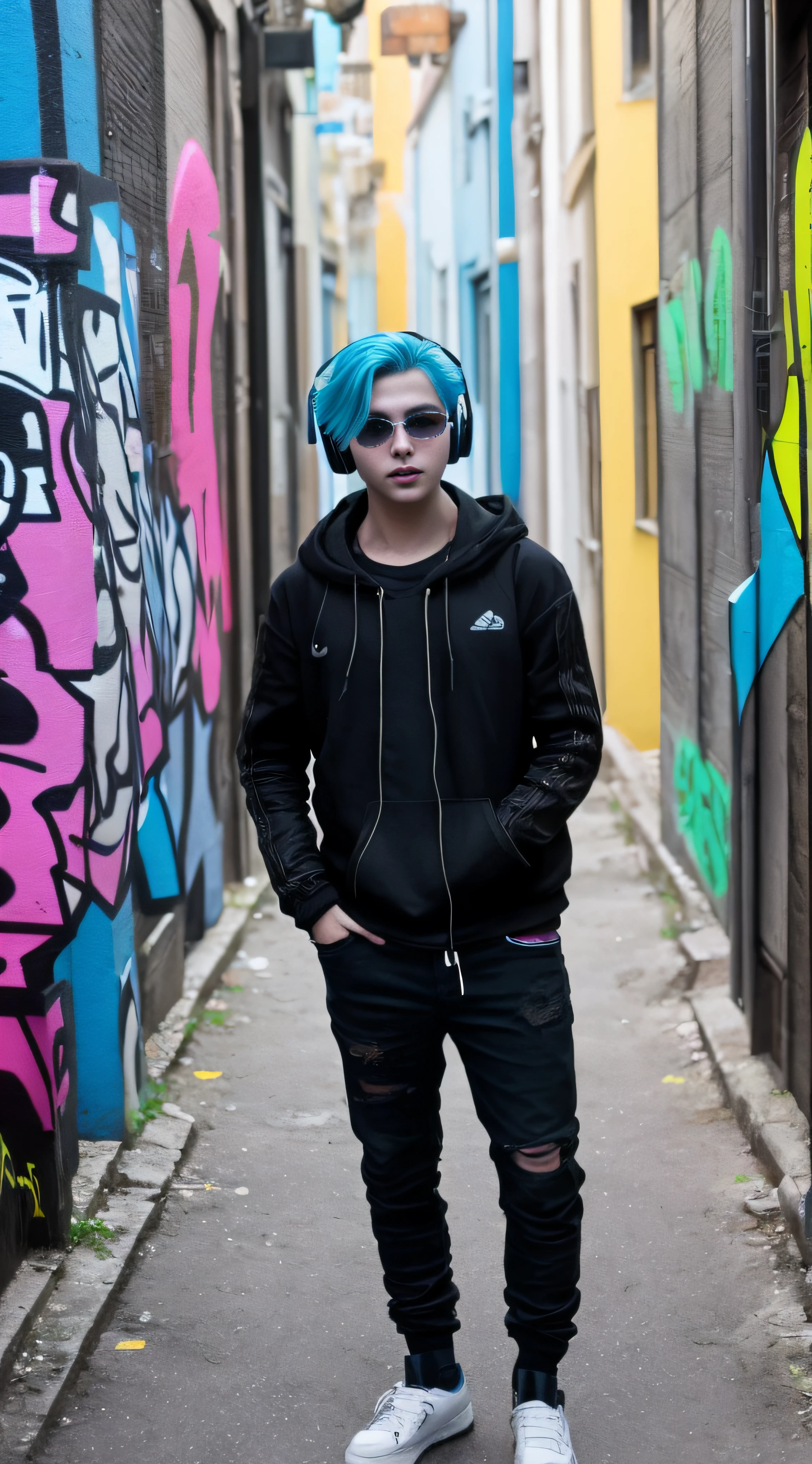 Arafed boy with blue hair and a black hoodie posing in a graffiti - full of alley, cyberpunk 2 0 y. the boy model, cyberpunk vibe, cyberpunk streetwear, wearing cyberpunk streetwear, cyberpunk outfit, cyberpunk style, cyberpunk clothes, cyberpunk style outfit, neonpunk, cyberpunk fashion clothing, wearing headphones, headphones