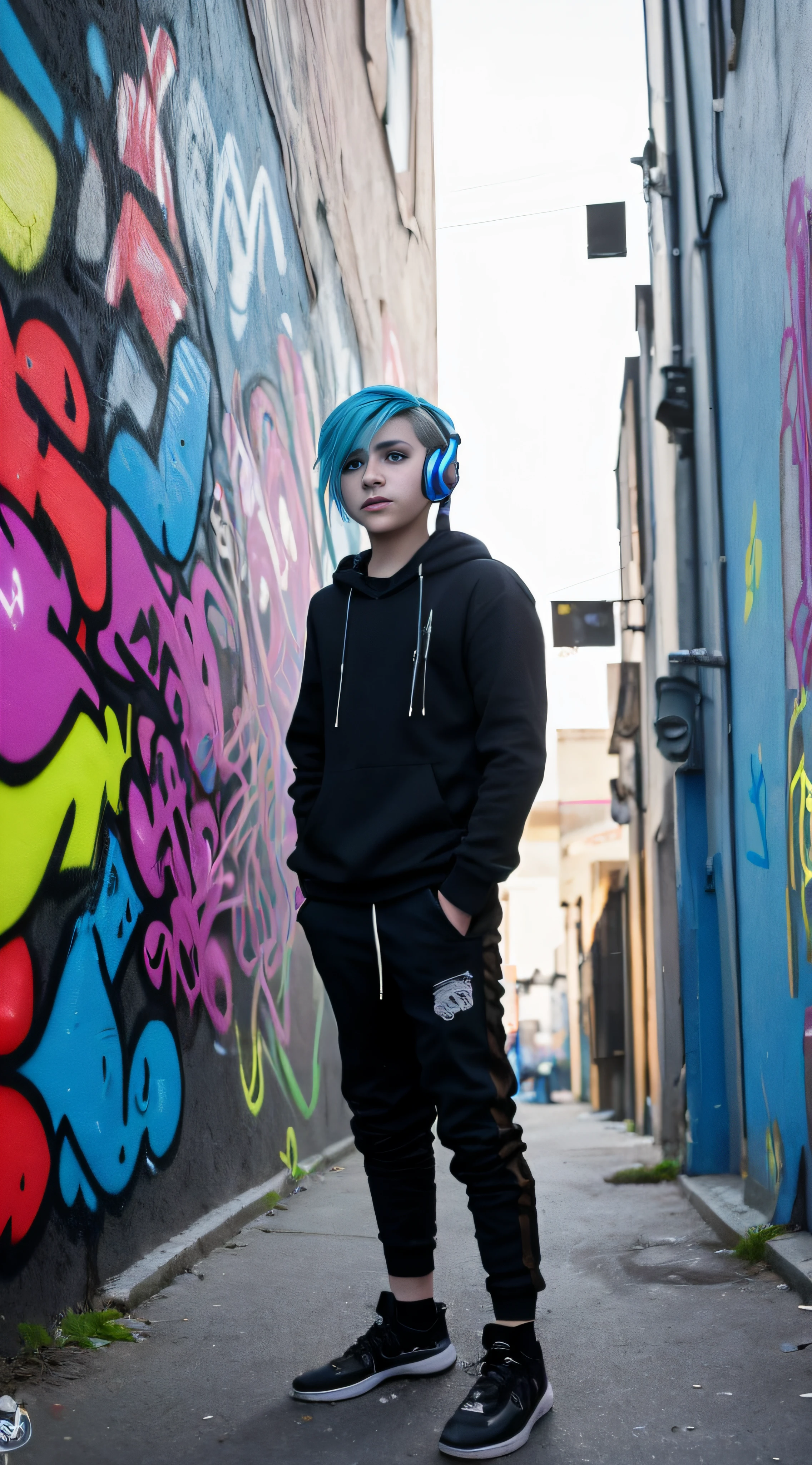 Arafed boy with blue hair and a black hoodie posing in a graffiti - full of alley, cyberpunk 2 0 y. the boy model, cyberpunk vibe, cyberpunk streetwear, wearing cyberpunk streetwear, cyberpunk outfit, cyberpunk style, cyberpunk clothes, cyberpunk style outfit, neonpunk, cyberpunk fashion clothing, wearing headphones, headphones