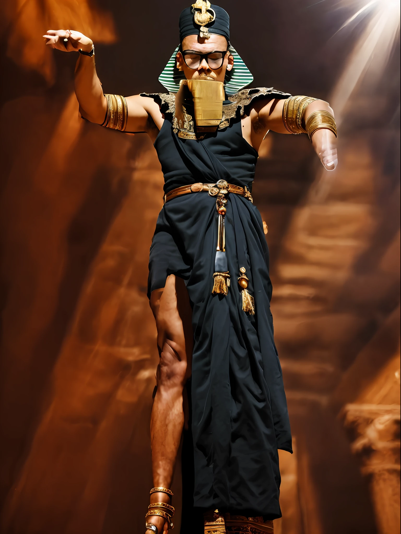 guttonerdvision5, full body of a 45-year-old man wearing glasses, detailed, skin, pores, ((sharp and detailed face)), (((detailed hands and arms))), wearing Egyptian king clothing, in an Egyptian hall setting, sunlight entering through the ceiling, dust in the air, intricate details, with great depth of field. The scene is realistic and the lighting is cinematic, uhd, photo award-winning