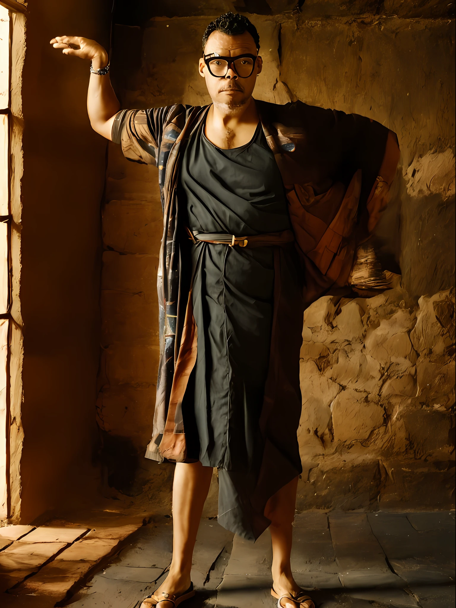 guttonerdvision5, full body of a 45-year-old man wearing glasses, detailed, skin, pores, ((sharp and detailed face)), (((detailed hands and arms))), wearing Egyptian king clothing, in an Egyptian hall setting, sunlight entering through the ceiling, dust in the air, intricate details, with great depth of field. The scene is realistic and the lighting is cinematic, uhd, photo award-winning