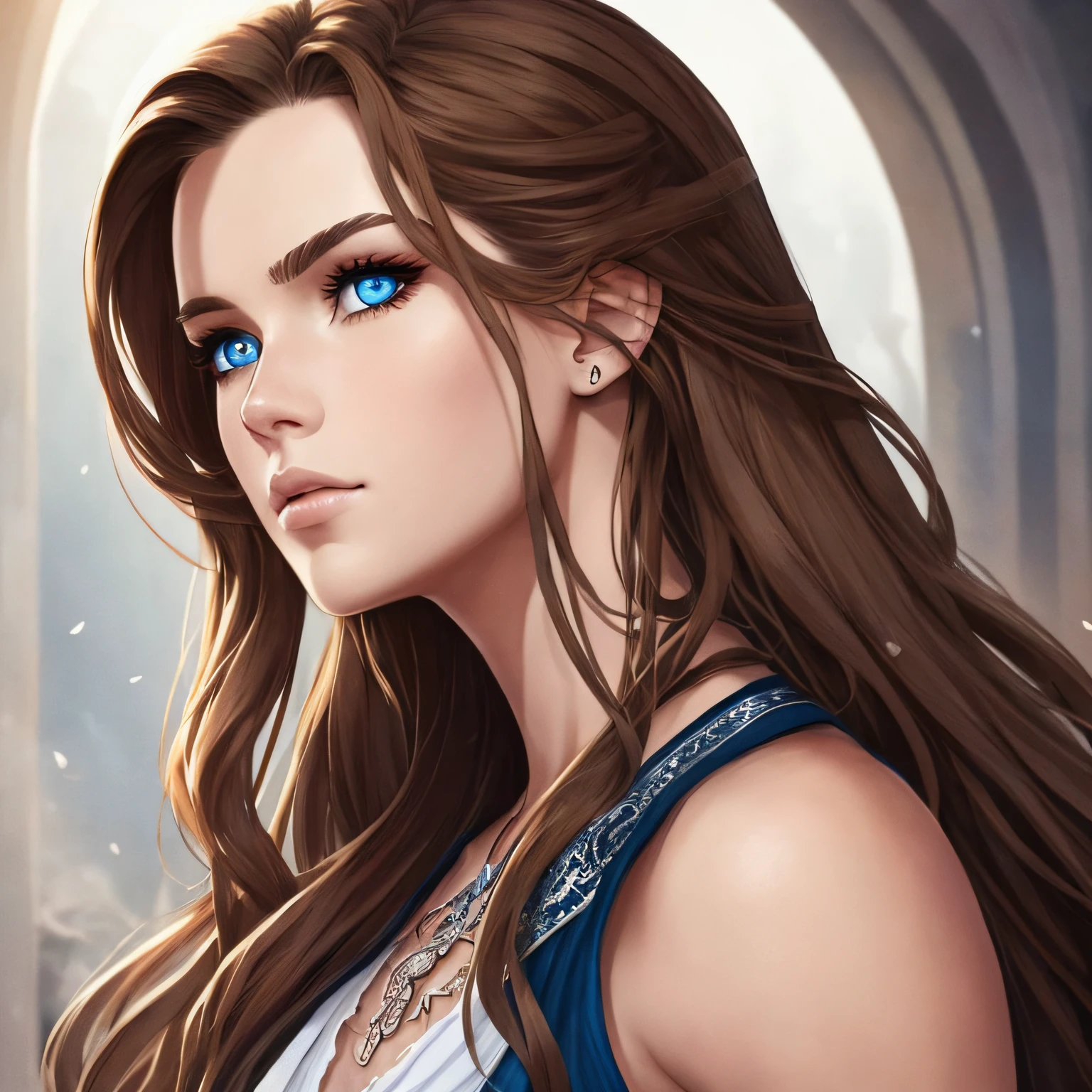 Draw Feyre Archeron, the heroine of "ACOTAR," with a realistic face. Portray her with deep, intense blue eyes, highlighting her determination and cunning. Highlight the arched and expressive eyebrows --auto