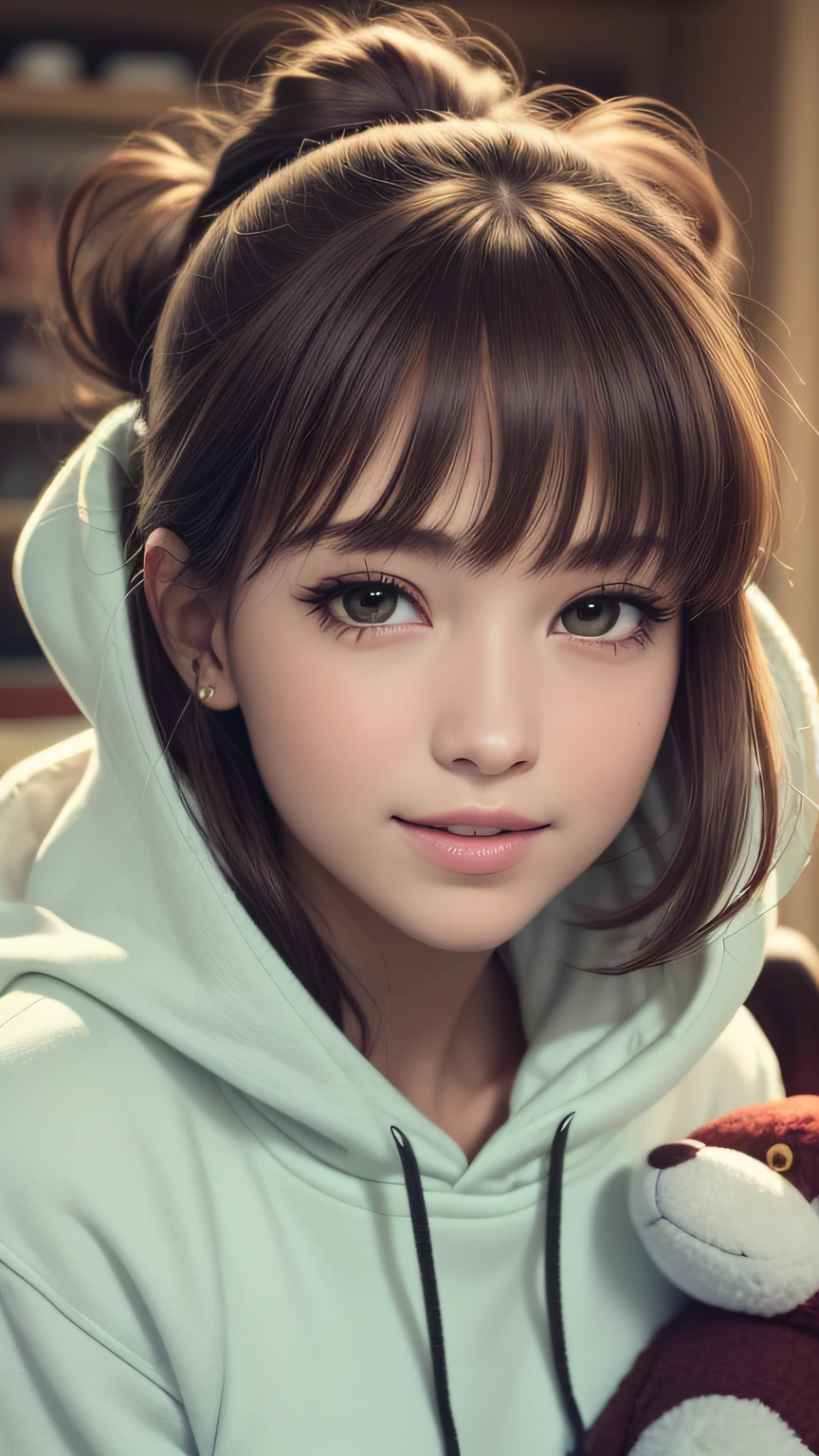 (8K), (Best Quality: 1.2), (Realistic), (Photorealistic: 1.35), ((Dignified Expression)))), Ultra High Definition, 1 Girl, Cute, Smile, Closed Mouth, Beautiful Details, Beautiful Nose, Full Body, Colossal, Hoodie, Shiny Thighs, Fleshy, My Room with a lot of stuffed animals, Sit surrounded by stuffed animals, Hair up, Lift your hair