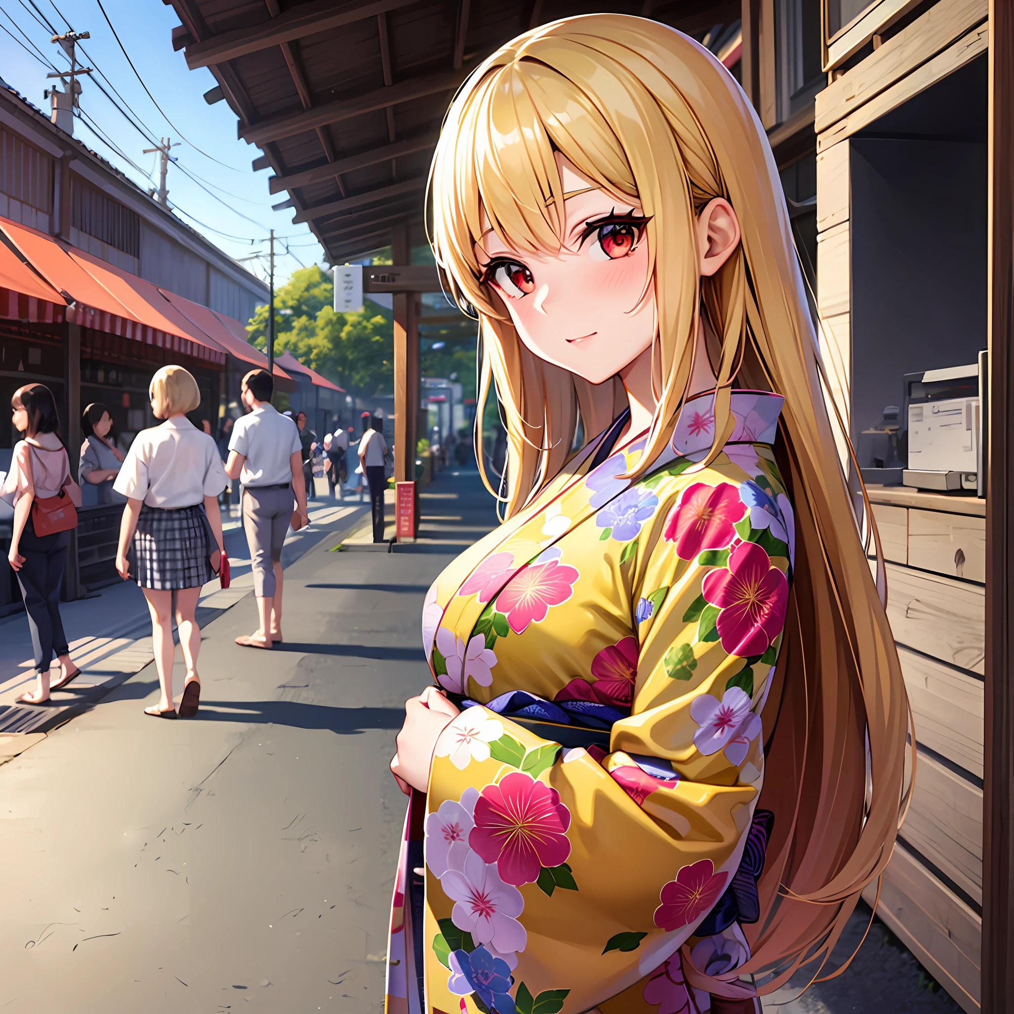 1 blonde girl, red eyes, solo, festival, yukata