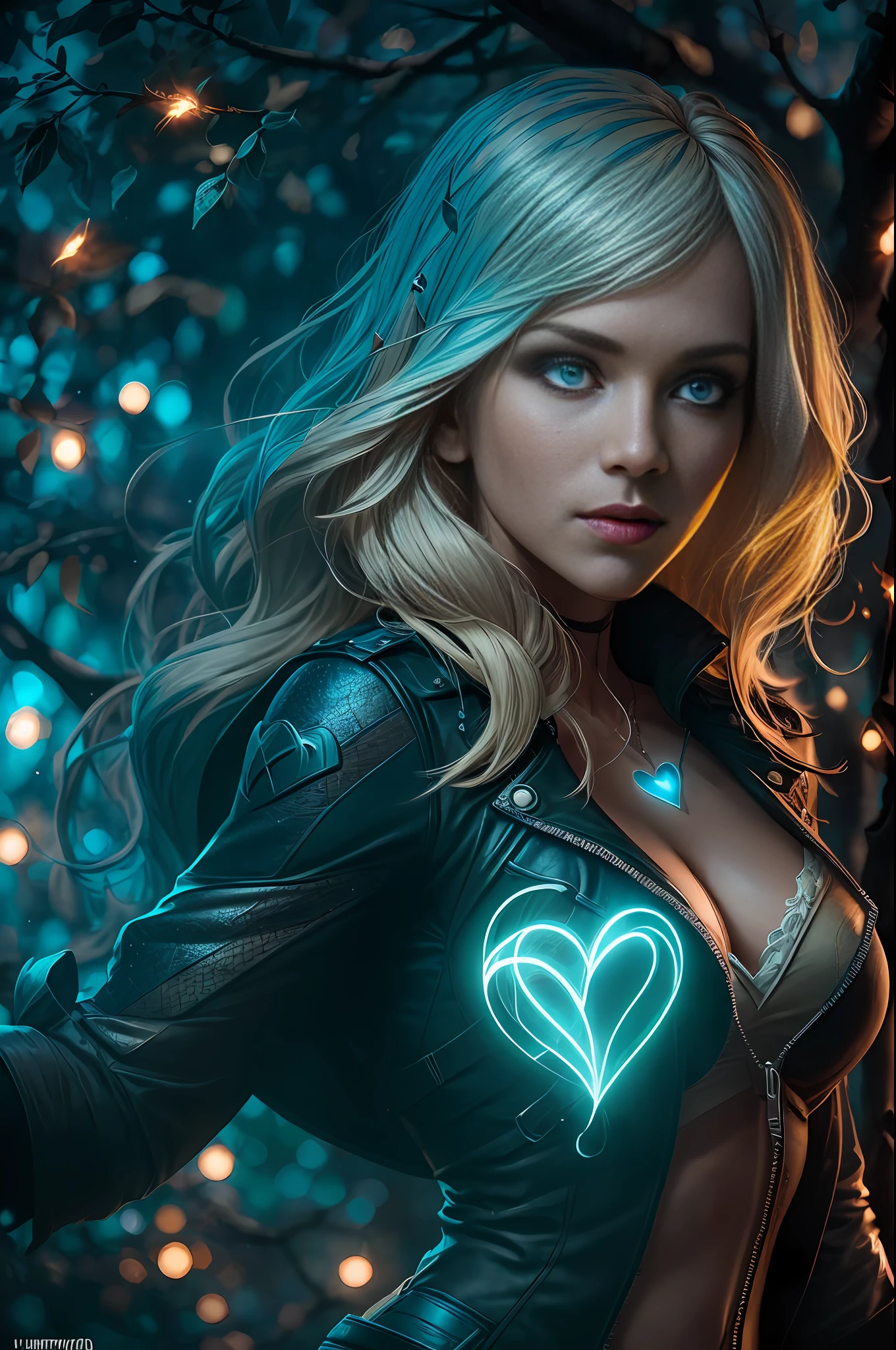 Black Canary from DC covered with tree branches, bright blue white glowing heart visible from human, nighttime, colorful, photography hyper-detailed HDR cinematic lighting, softbox lighting, extreme detail