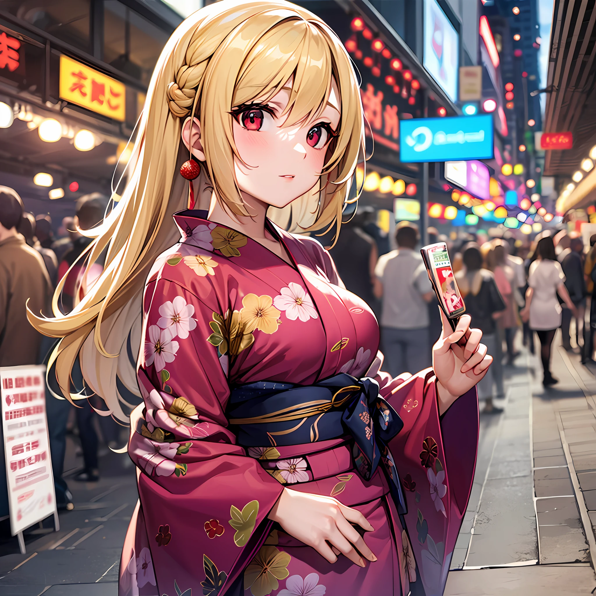 1 blonde girl, red eyes, solo, festival, yukata