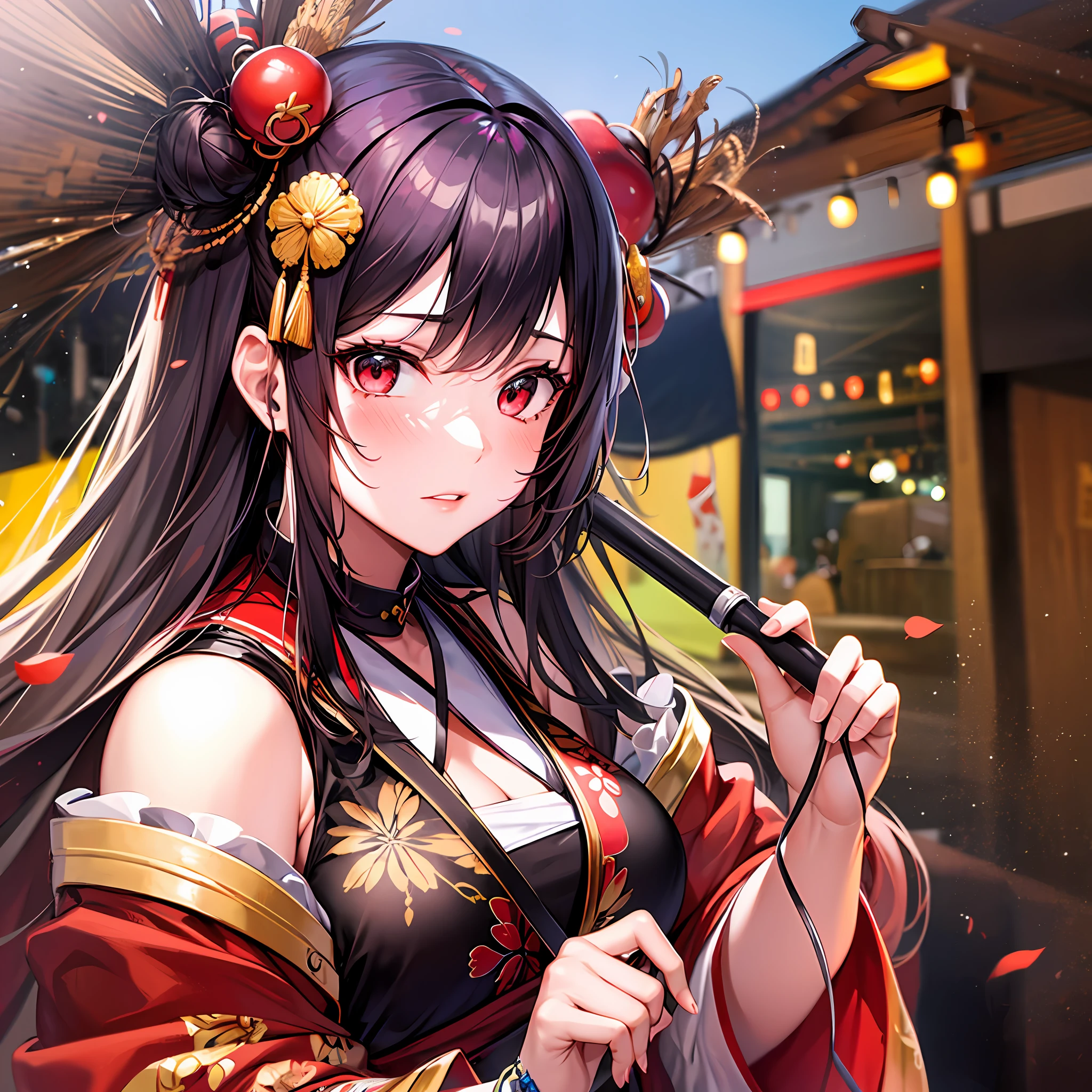 1 girl, red eyes, solo, festival, mikoshi