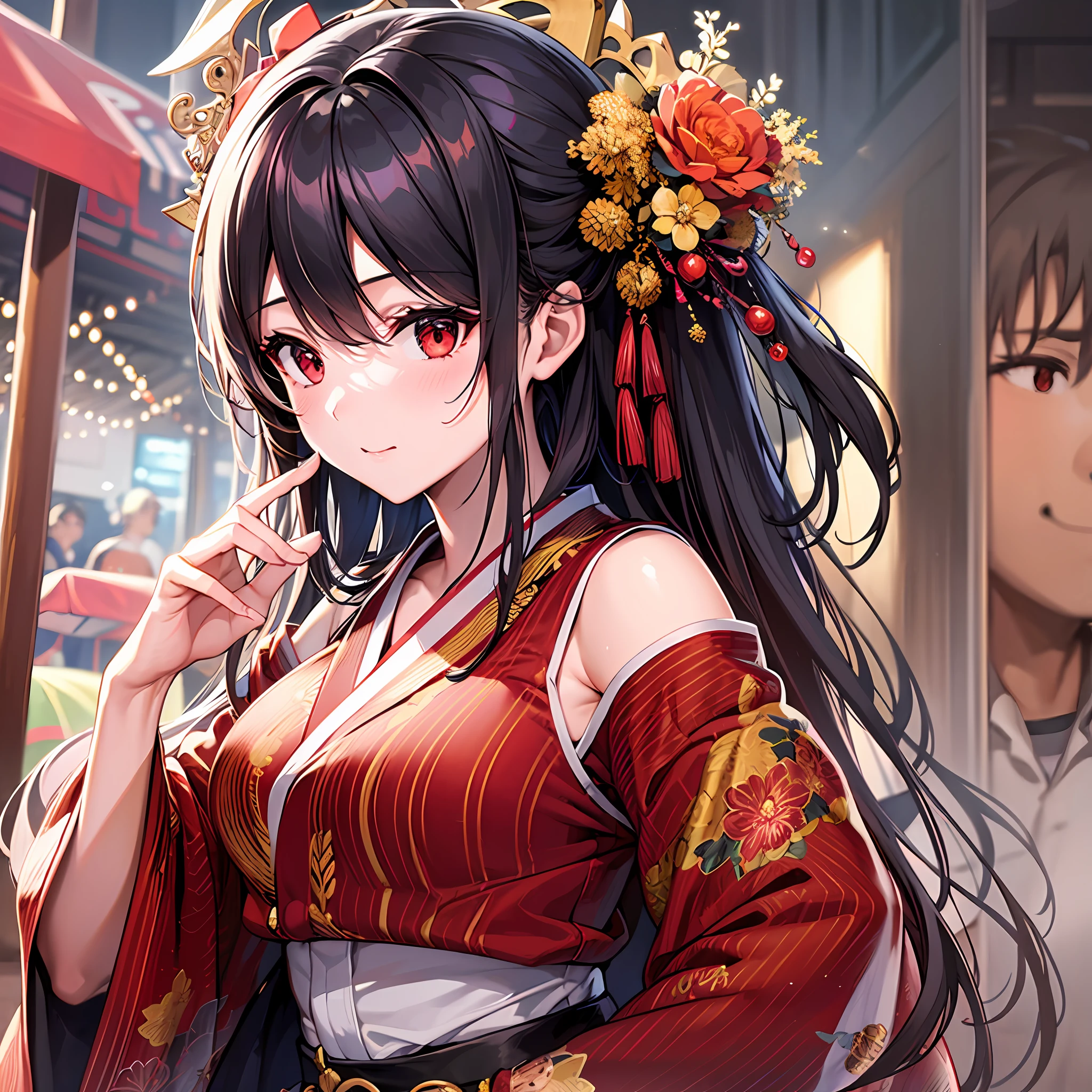 1 girl, red eyes, solo, festival, mikoshi