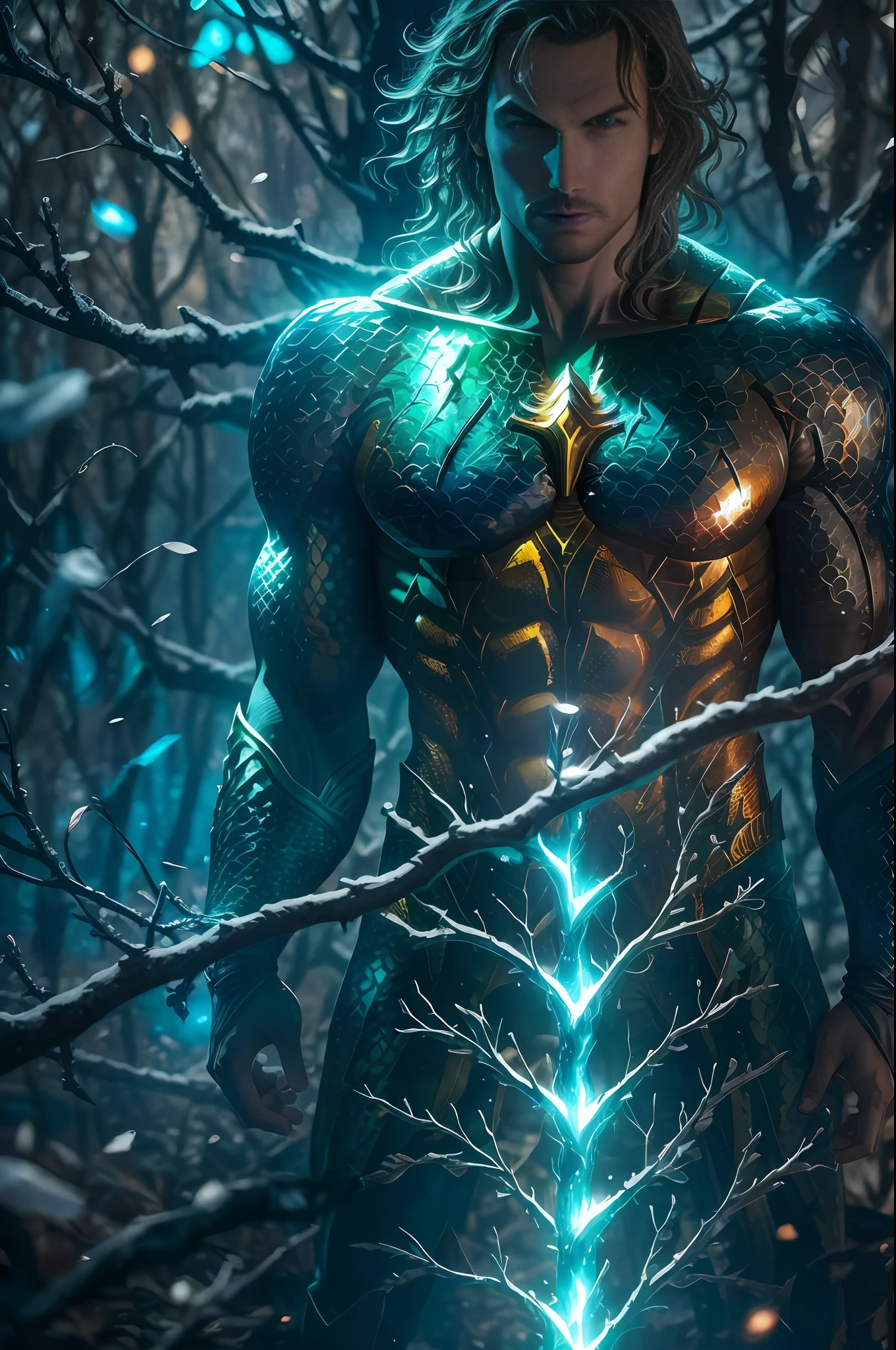 Aquaman from DC, covered with tree branches, bright blue white glowing heart, visible from human, nighttime, colorful, photography hyper-detailed cinematic hdr lighting, softbox lighting, extreme detail