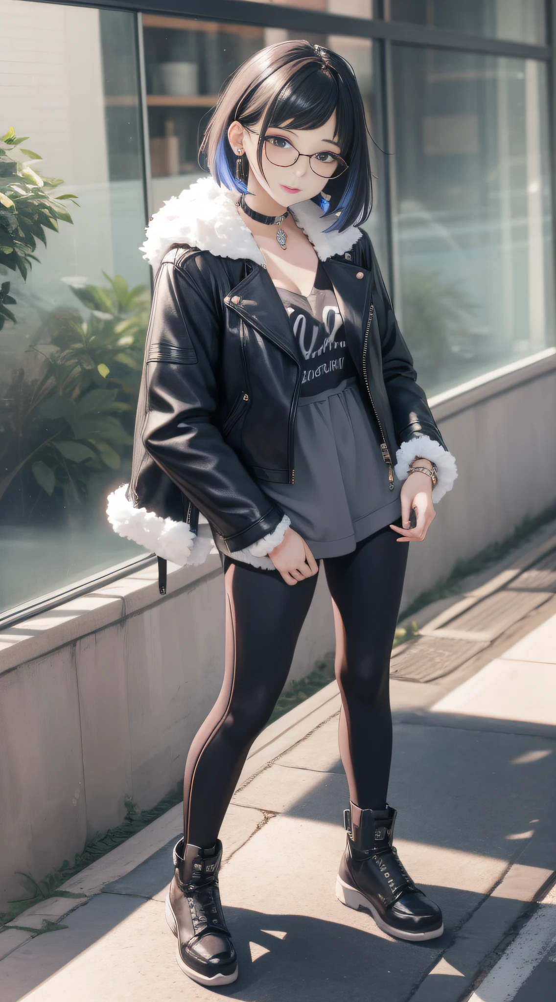 Beautiful girl with glasses, short bob, leather jacket, full body