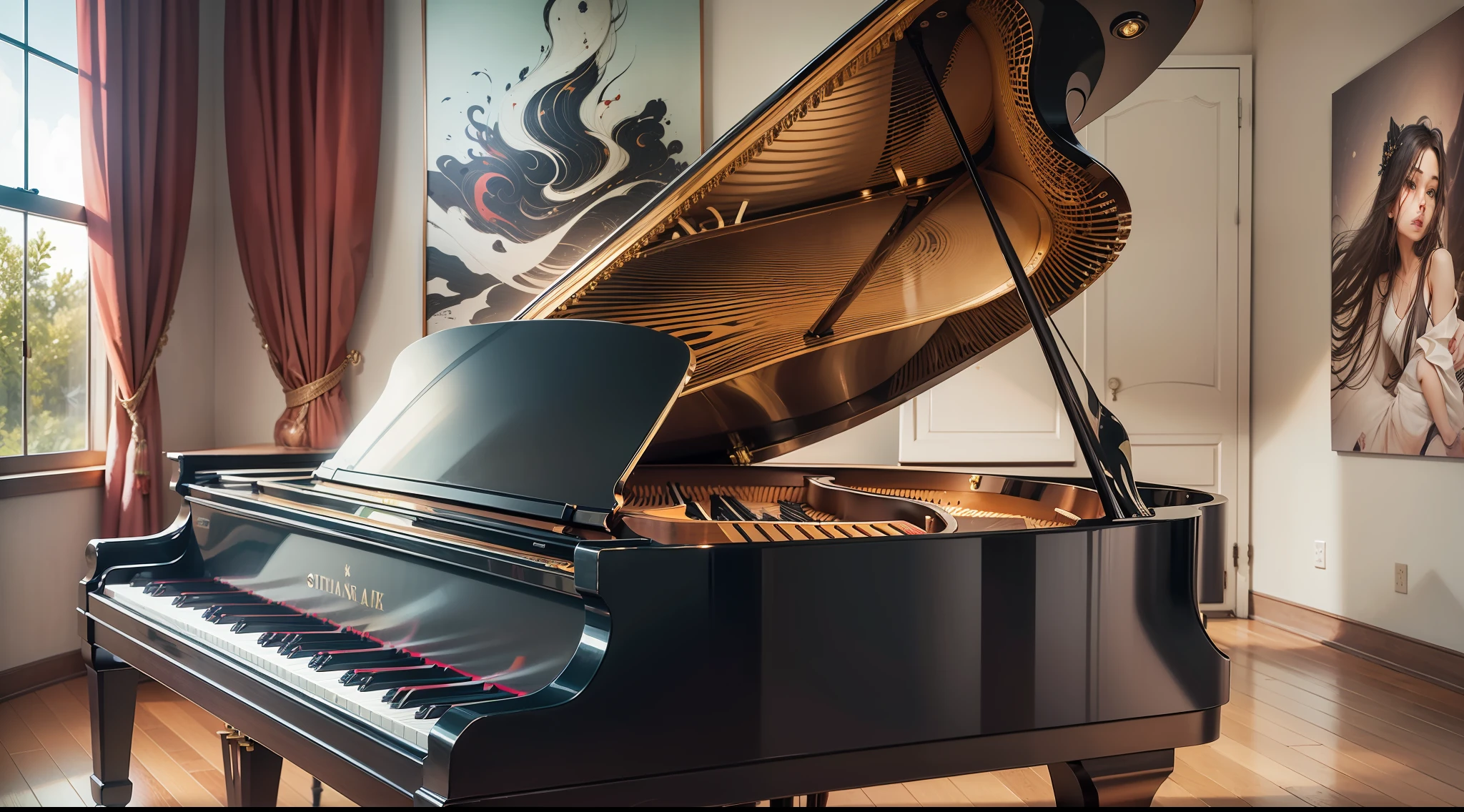 Acoustic grand piano, of shiny black wood, in a room, with artwork on the wall, artwork in the background