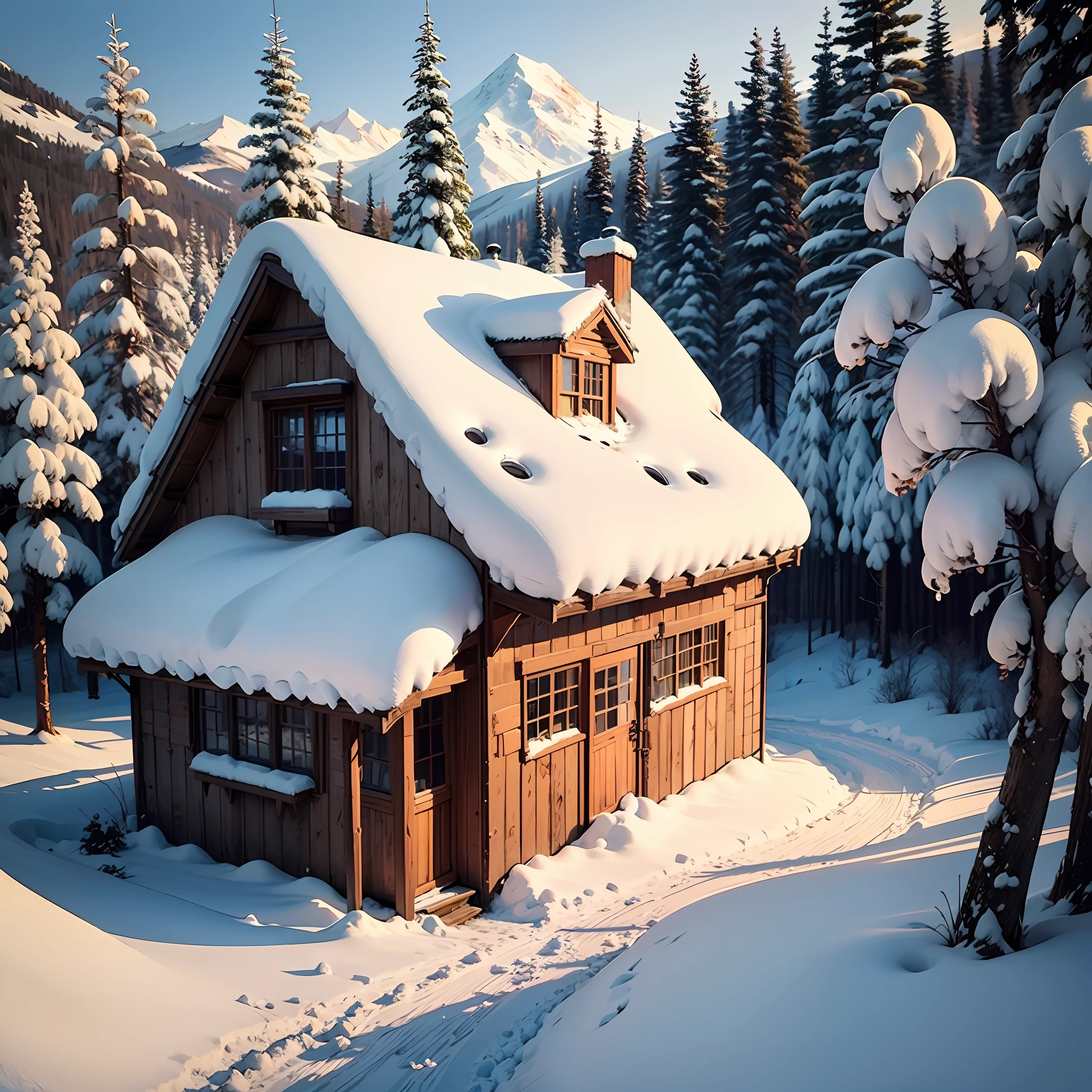 Landscape, a pine forest covered with snow with a hut in the center --auto