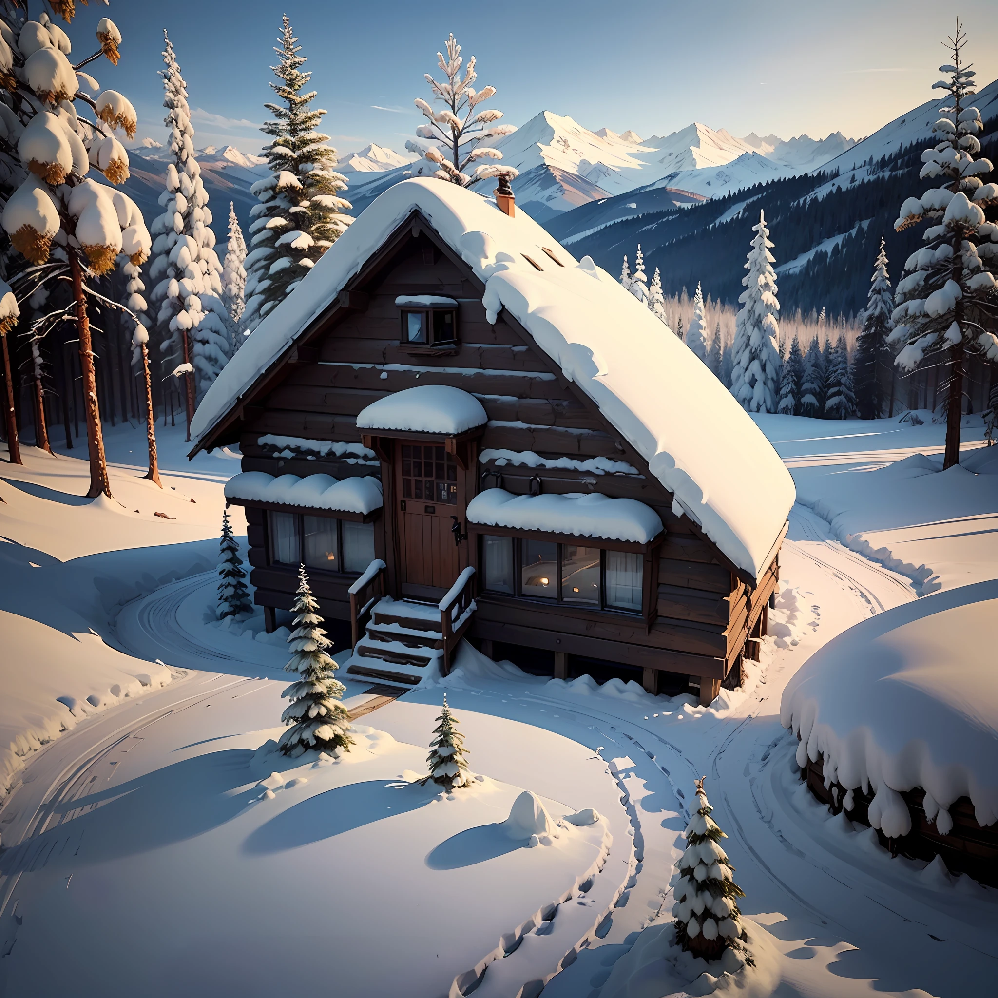 Landscape, a pine forest covered with snow with a hut in the center --auto