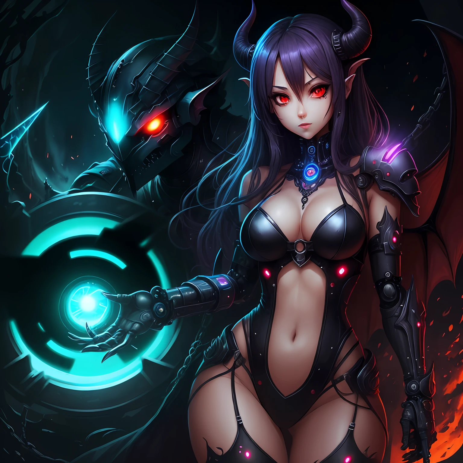 draw a character inspired by the Lilith succubus version with the blue cybernetic eye and robotic arm with blade in the oriental demon style --auto